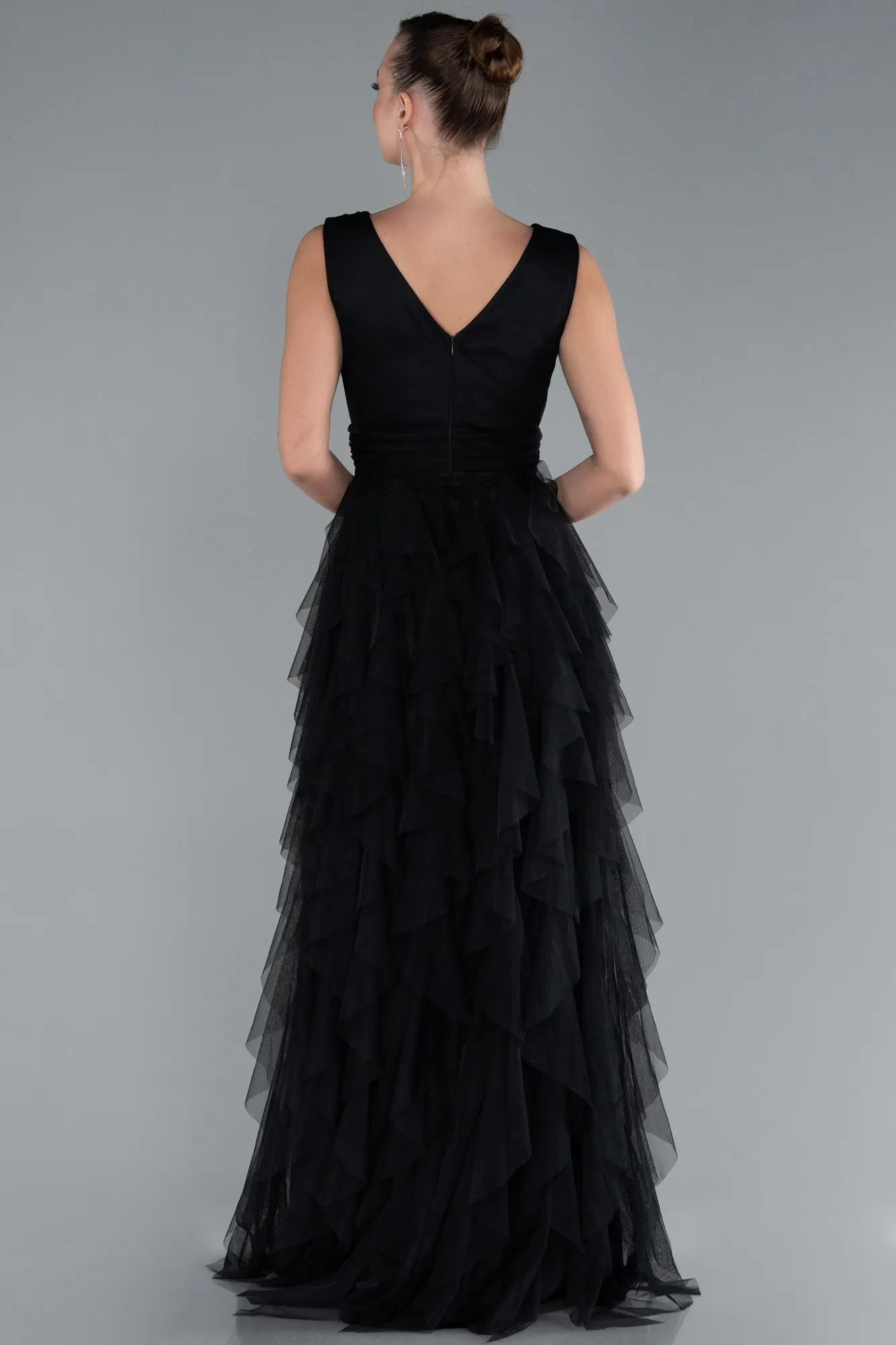 Black-V Neck Layered Tulle Long Prom Dress ABU4723
