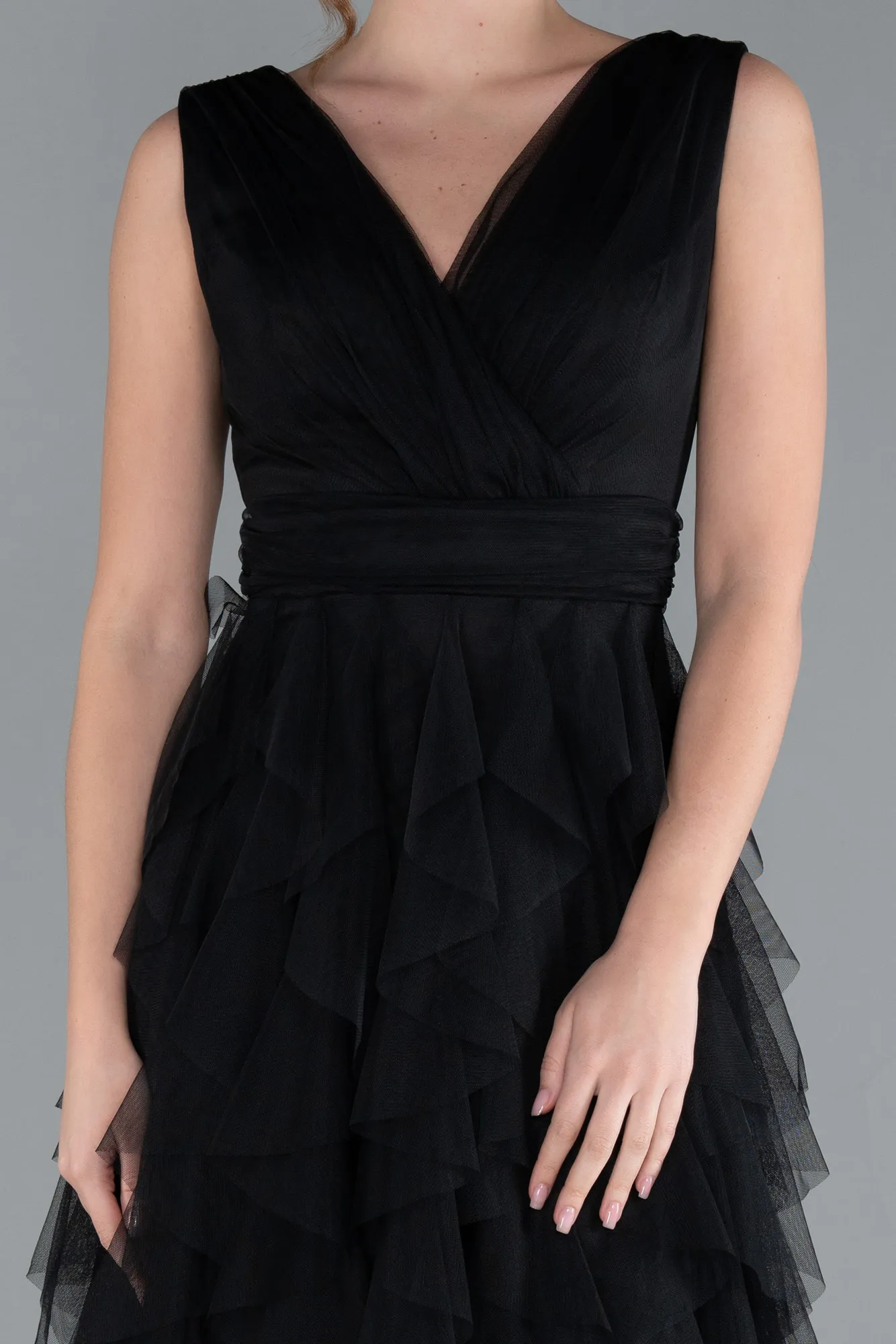 Black-V Neck Layered Tulle Long Prom Dress ABU4723