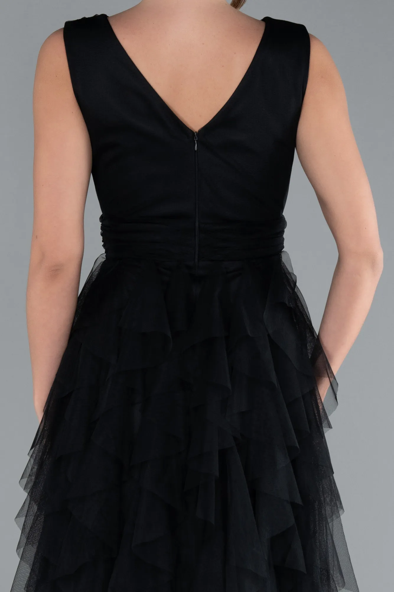 Black-V Neck Layered Tulle Long Prom Dress ABU4723