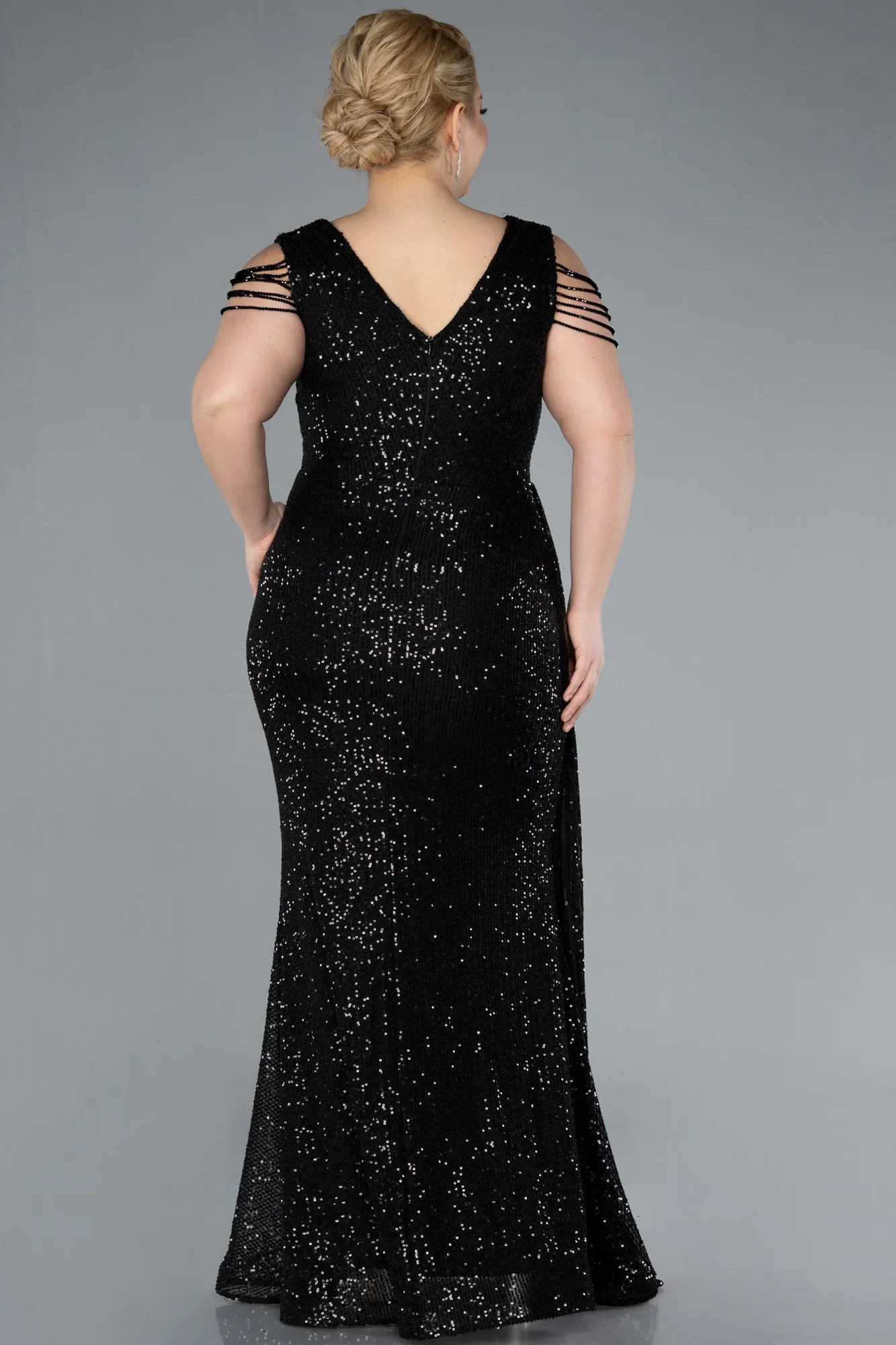 Black-V Neck Long Sequined Slit Plus Size Evening Dress ABU4886