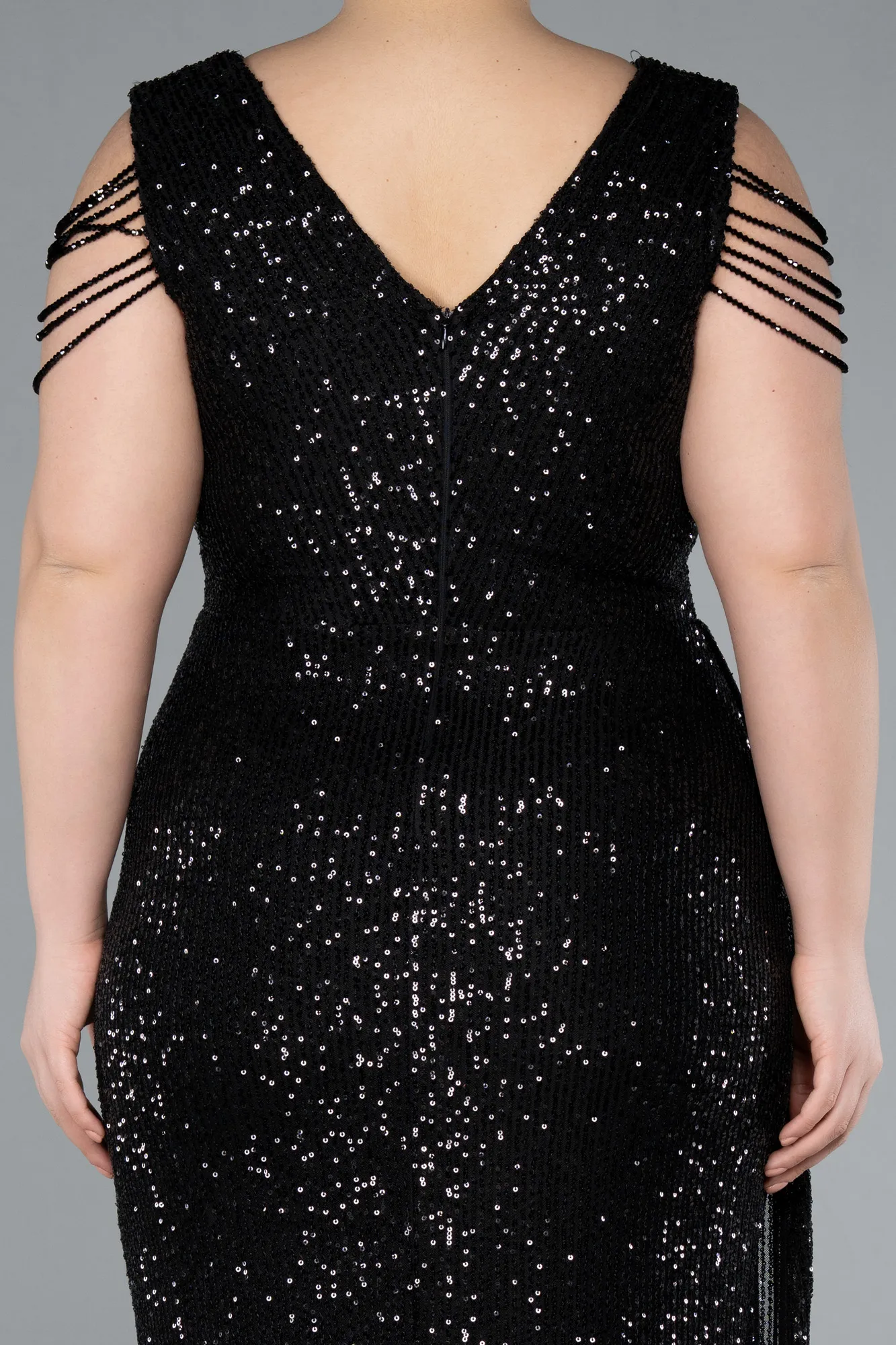 Black-V Neck Long Sequined Slit Plus Size Evening Dress ABU4886