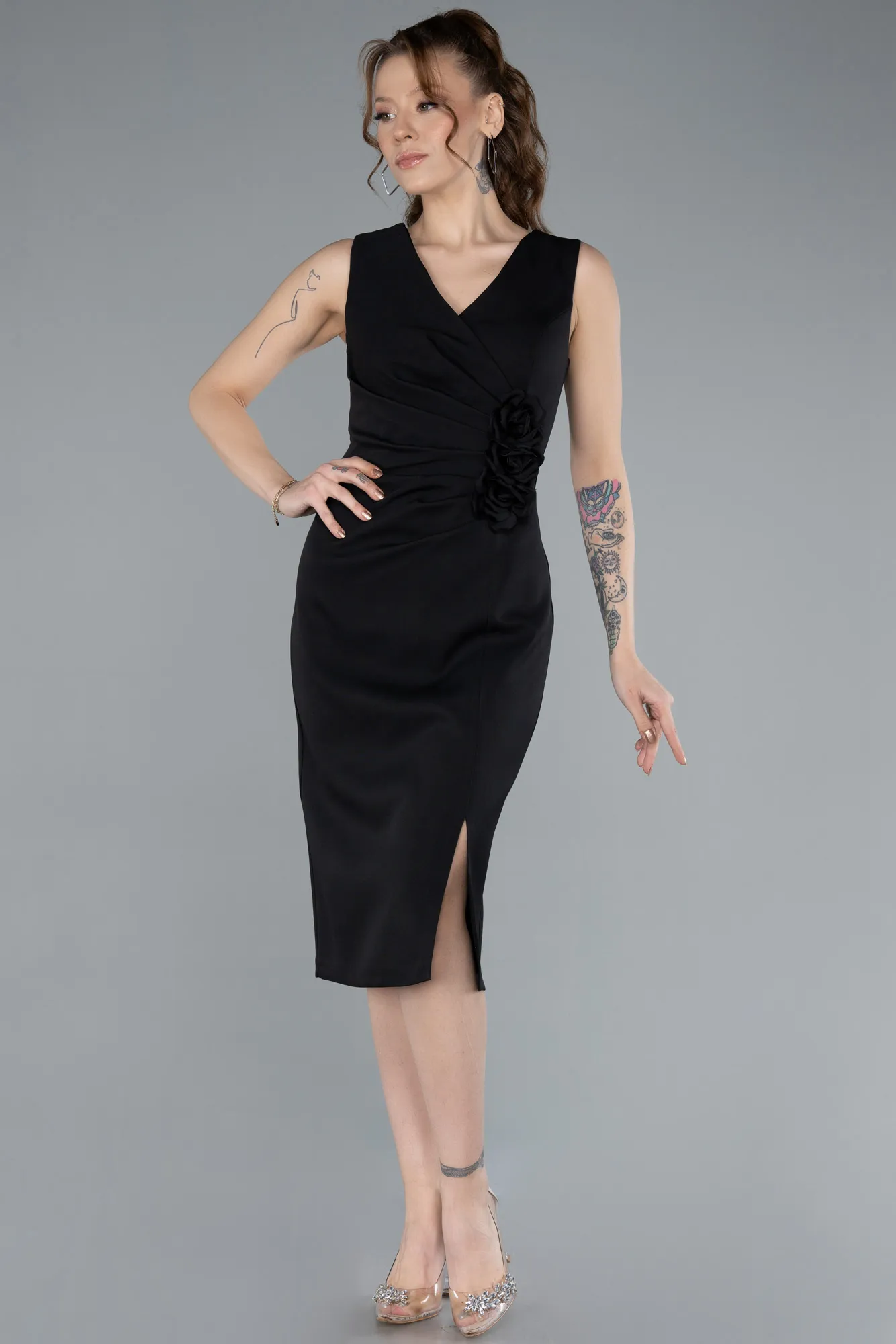 Black-V Neck Midi Cocktail Dress ABK2264