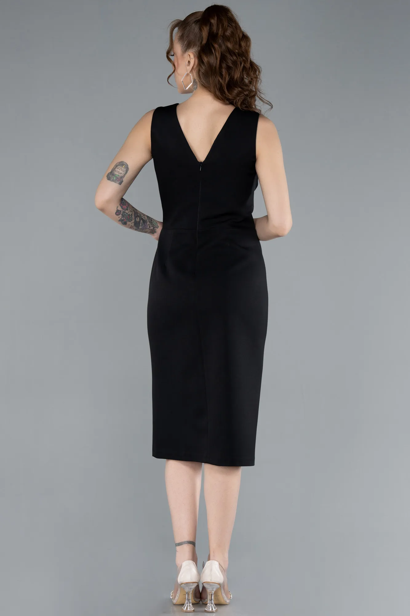 Black-V Neck Midi Cocktail Dress ABK2264