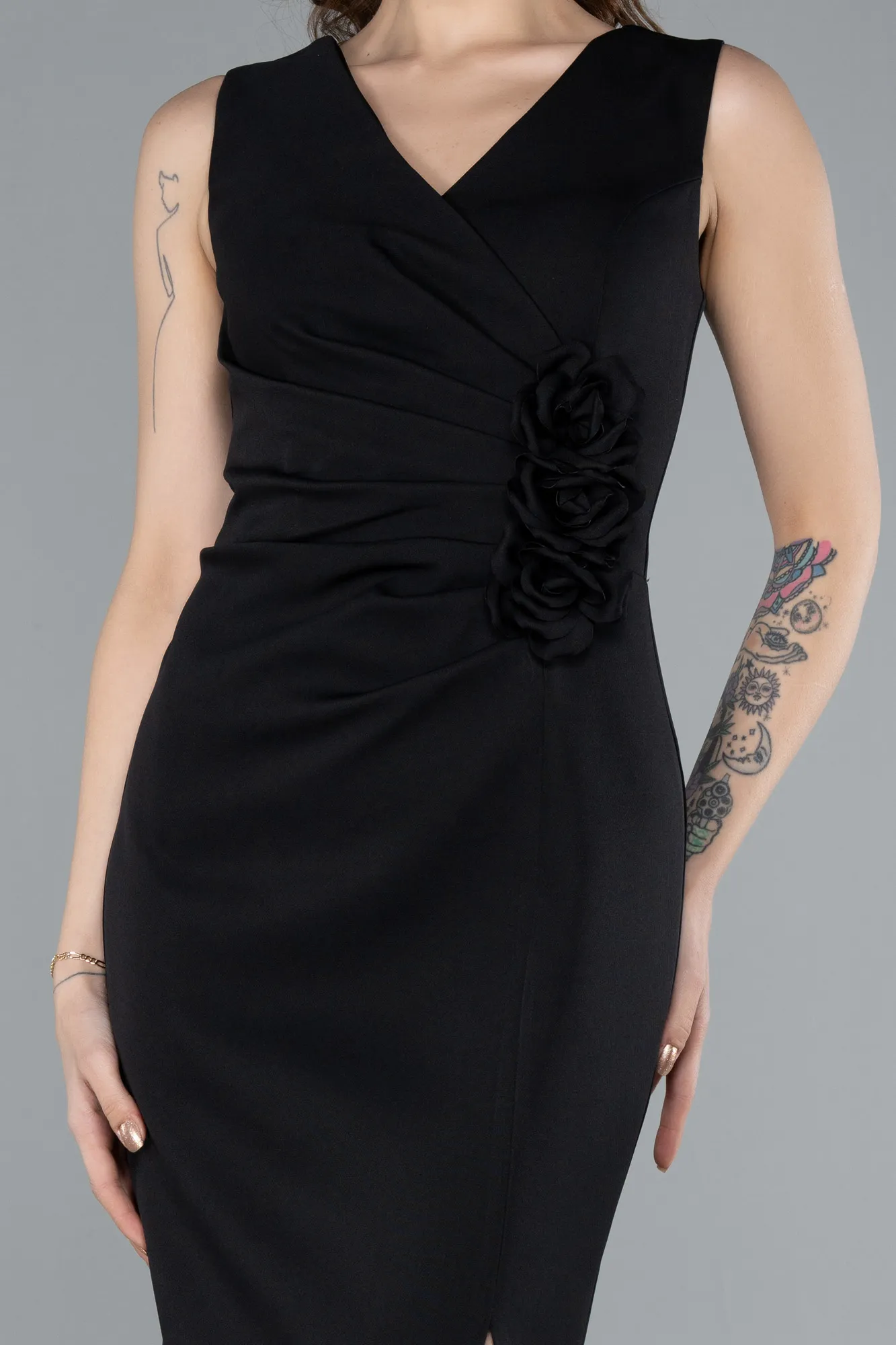Black-V Neck Midi Cocktail Dress ABK2264