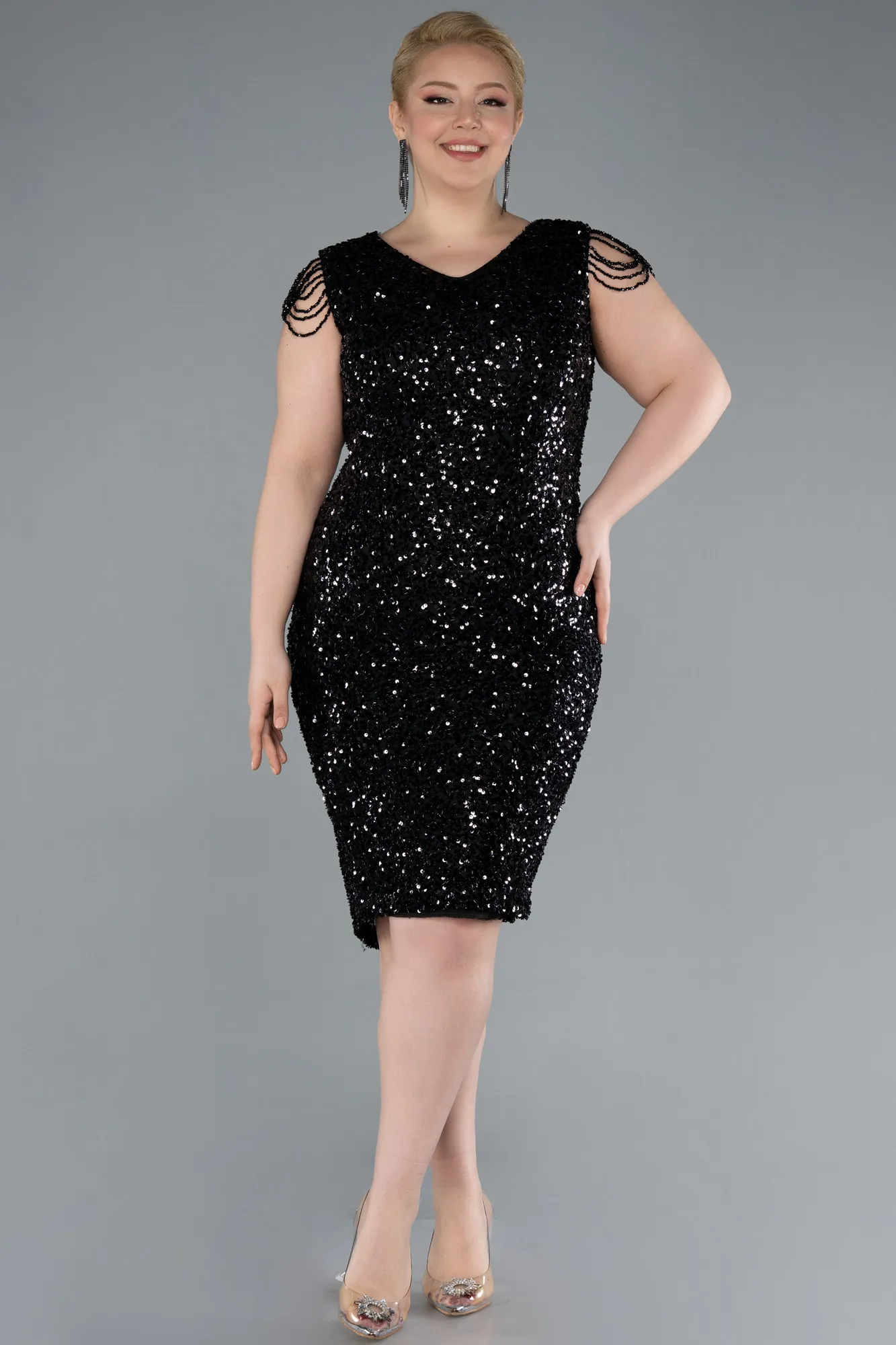 Black-V Neck Midi Sequined Plus Size Evening Gown ABK2331