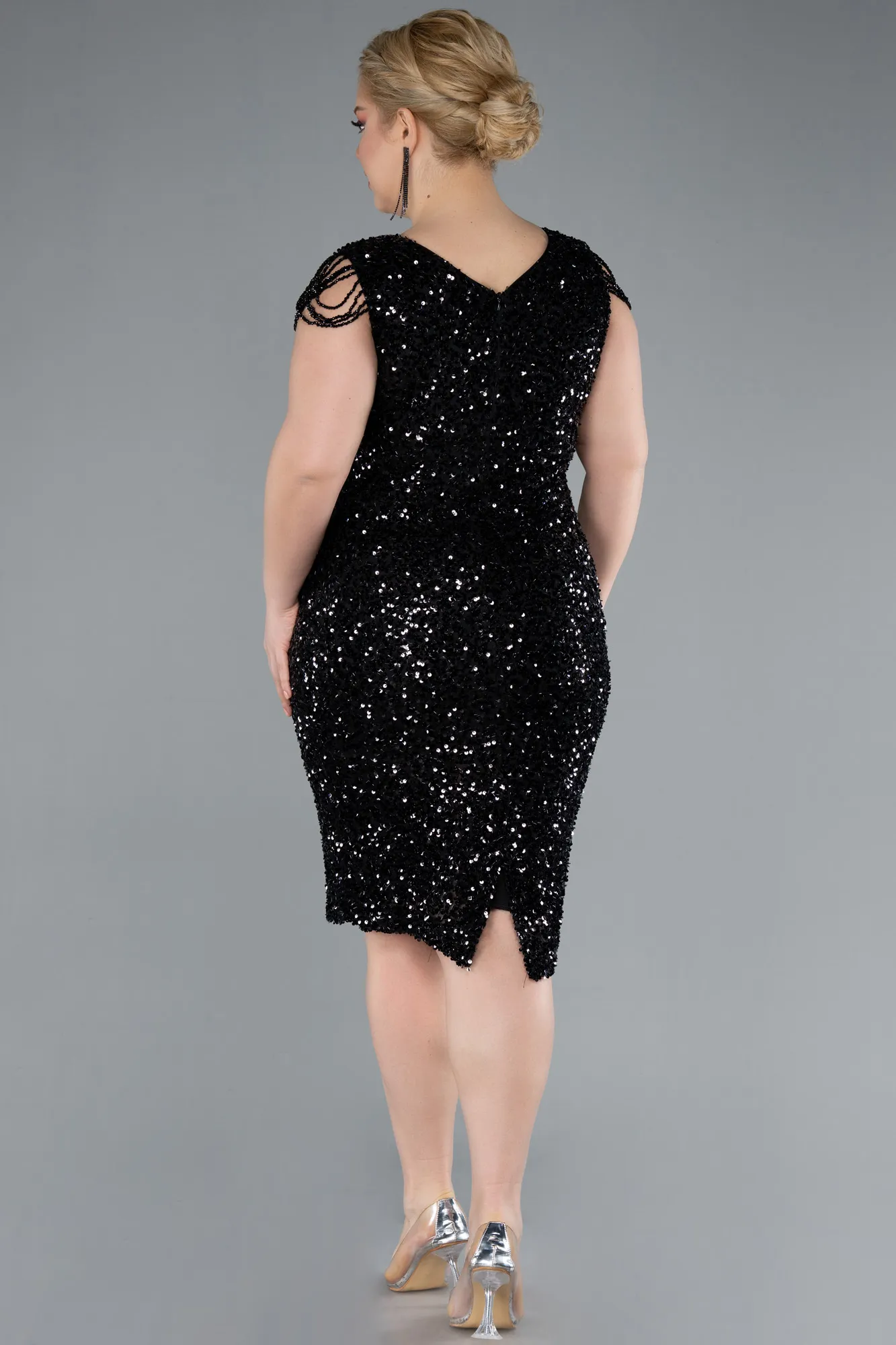 Black-V Neck Midi Sequined Plus Size Evening Gown ABK2331