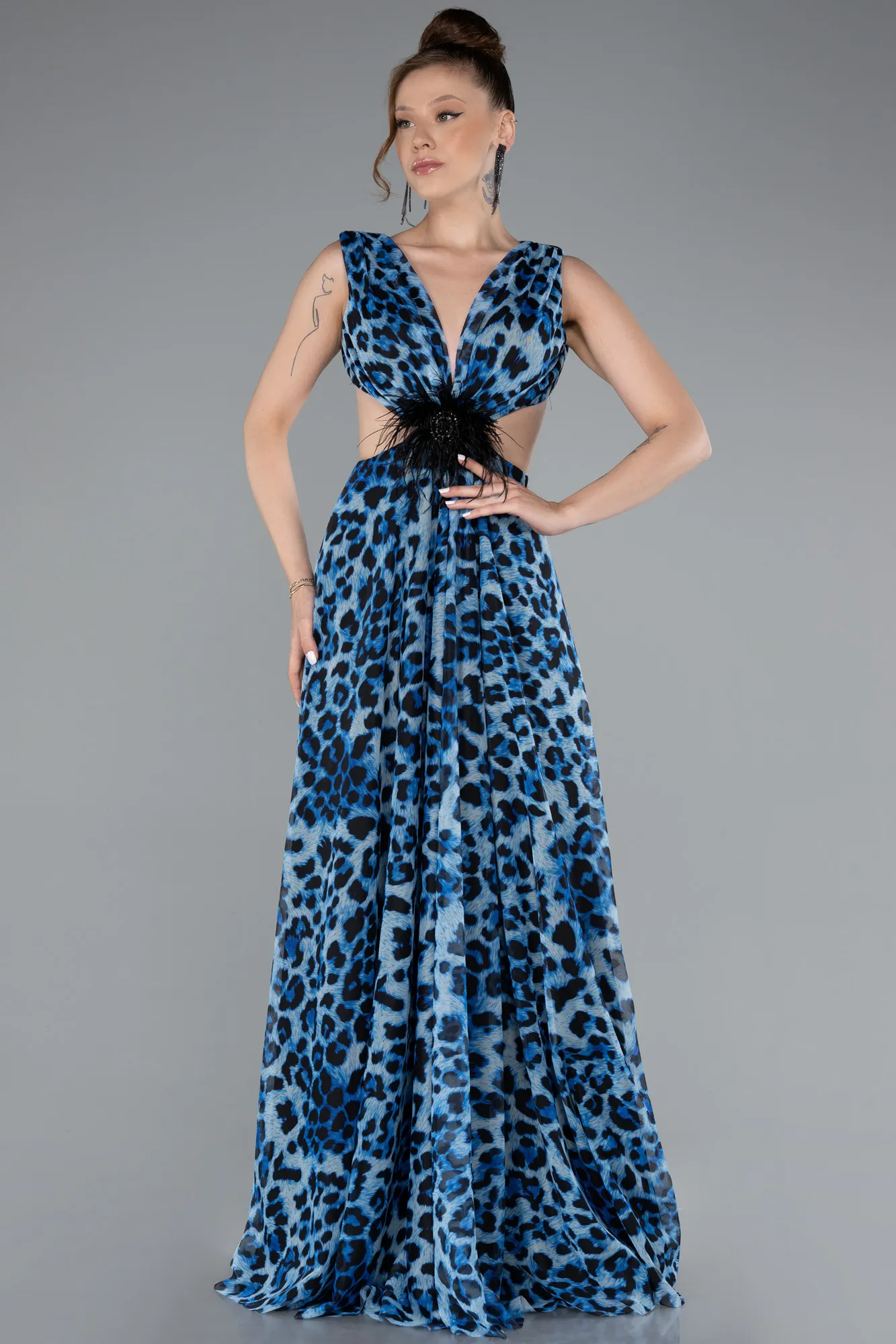 Blue-Backless Cut Out Long Print Prom Dress ABU5005