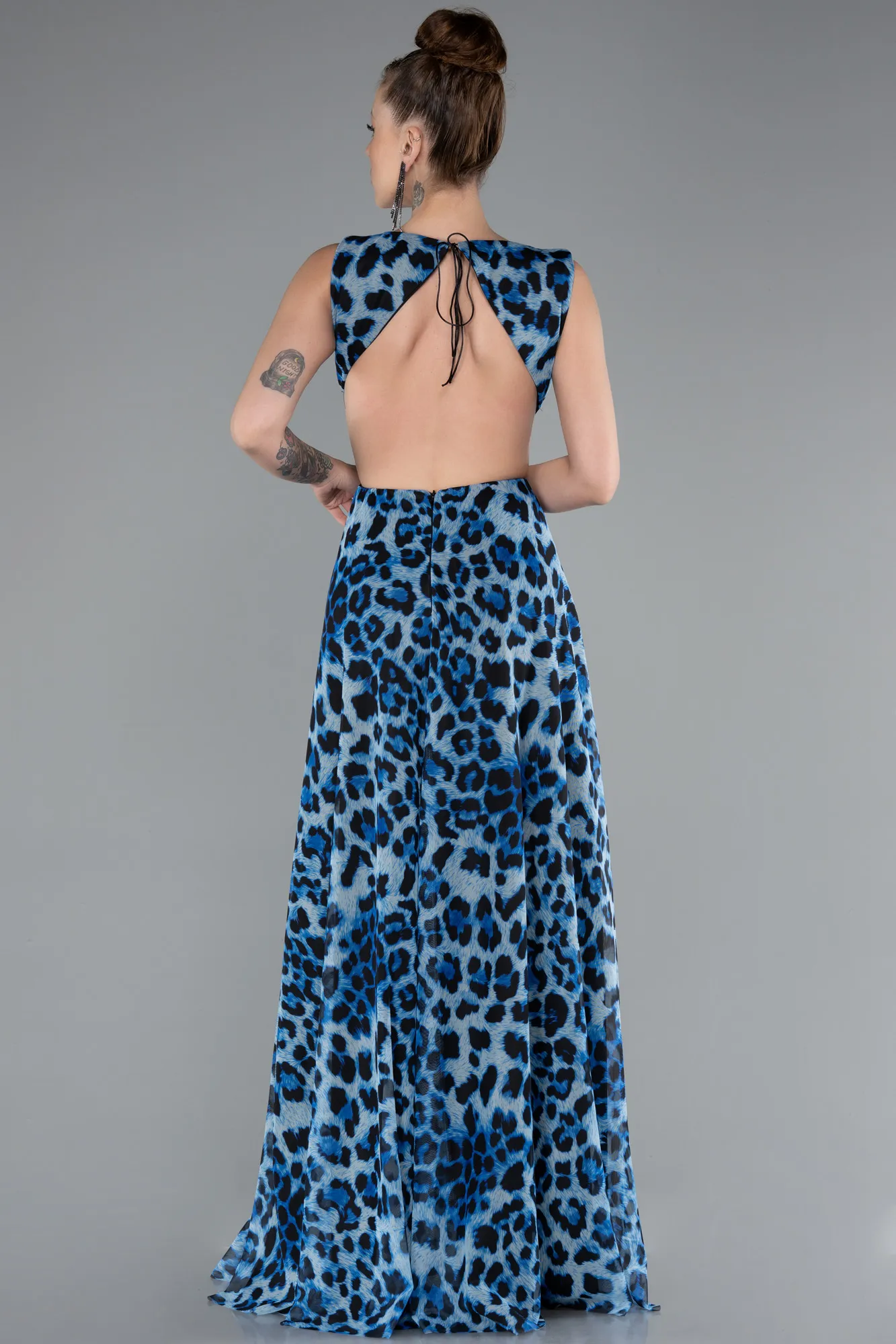 Blue-Backless Cut Out Long Print Prom Dress ABU5005