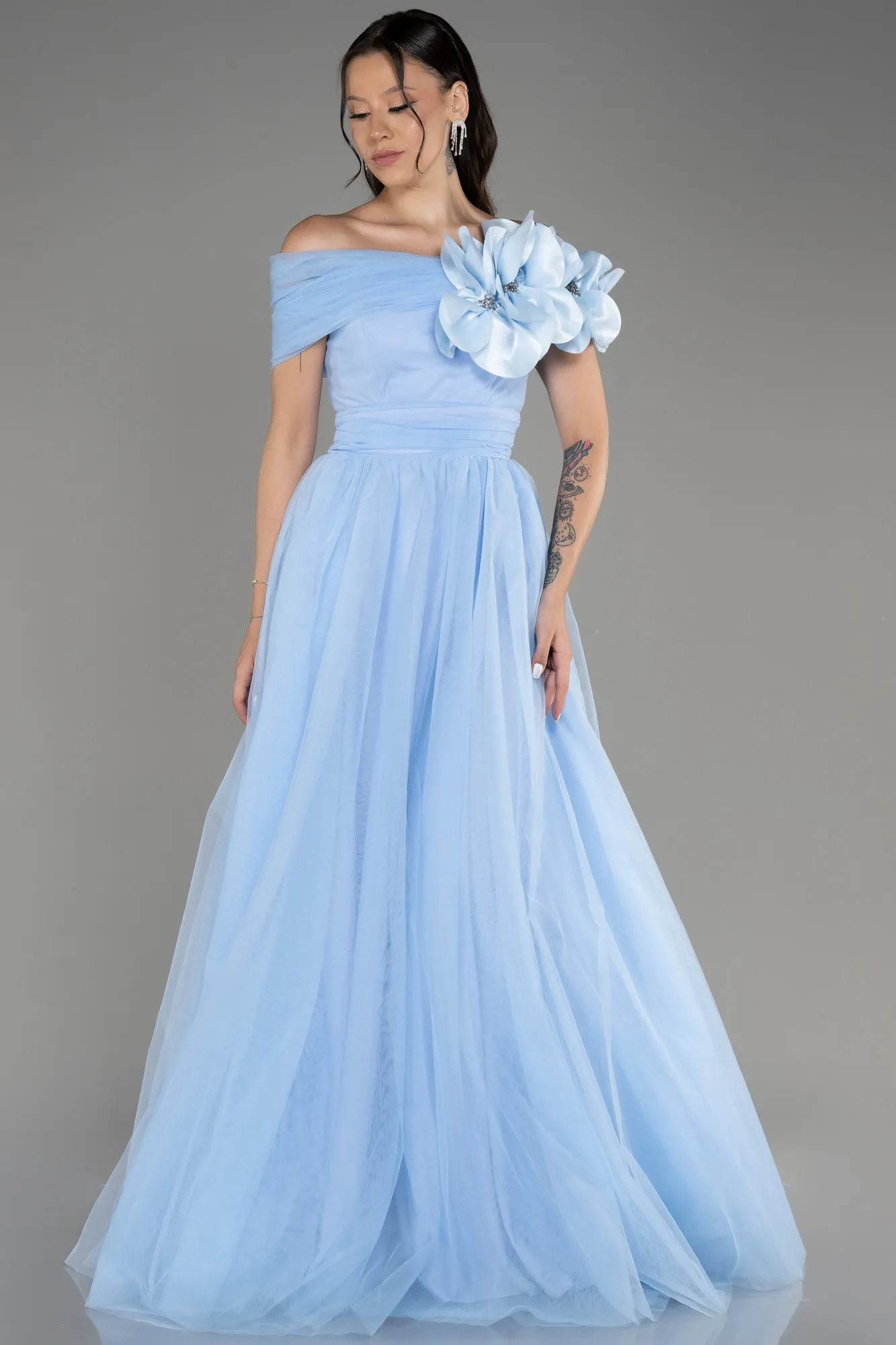 Blue-Boat Neck Long Princess Evening Dress ABU3958