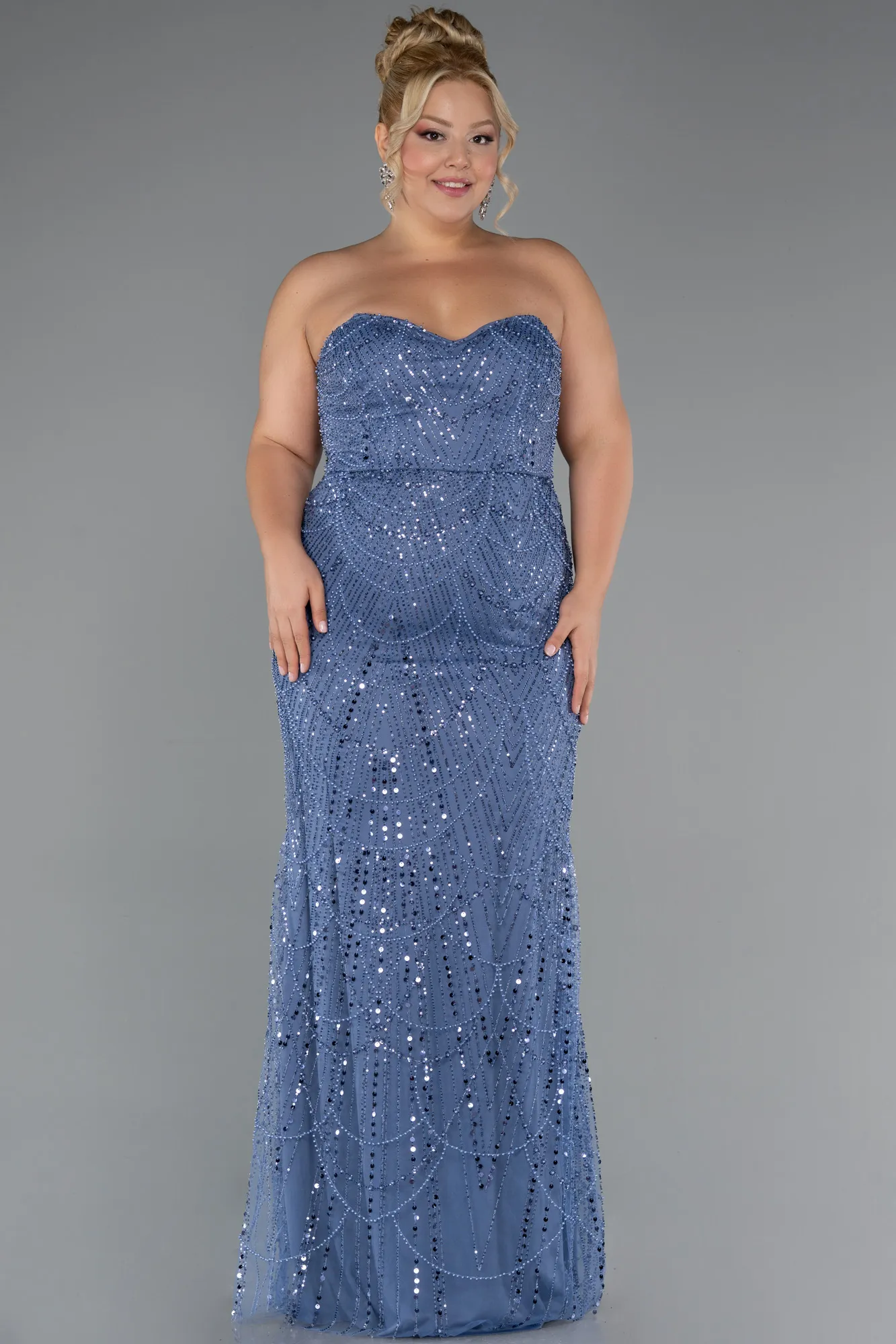 Blue-Long Beaded Plus Size Wedding Dress ABU5328