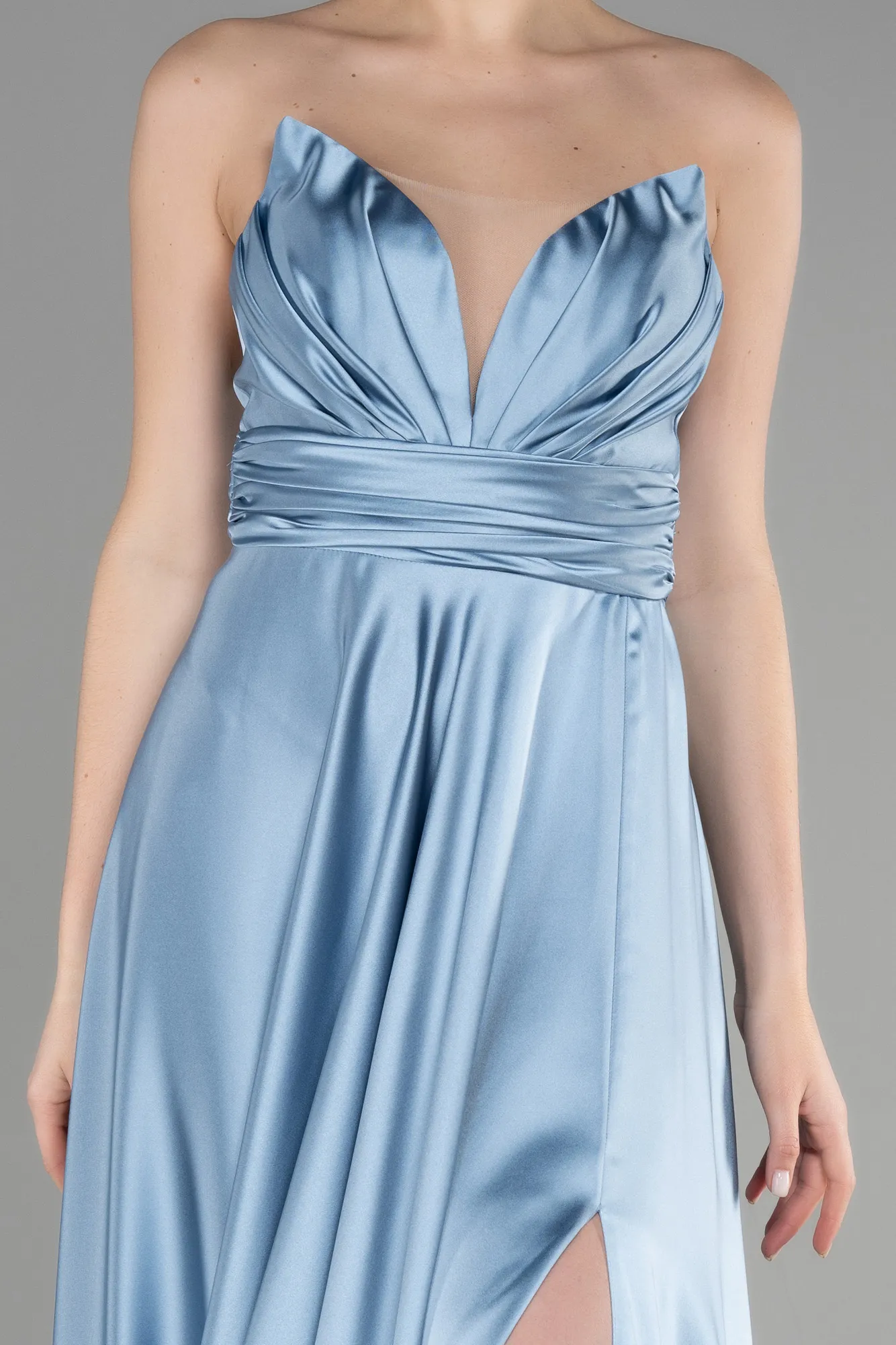 Blue-Long Satin Evening Dress ABU3502