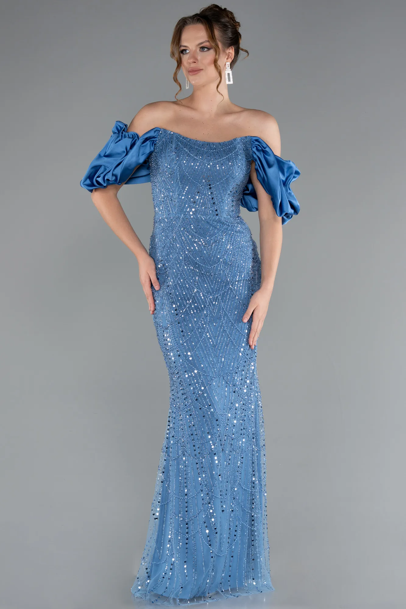 Blue-Stoned Strapless Sleeve Accessories Long Mermaid Evening Gown ABU4509