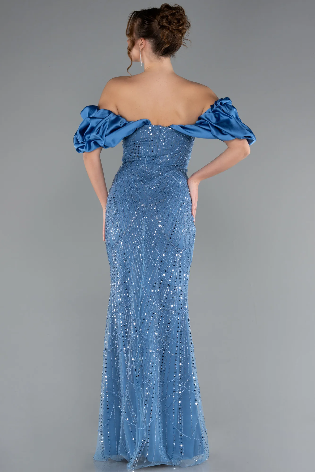 Blue-Stoned Strapless Sleeve Accessories Long Mermaid Evening Gown ABU4509