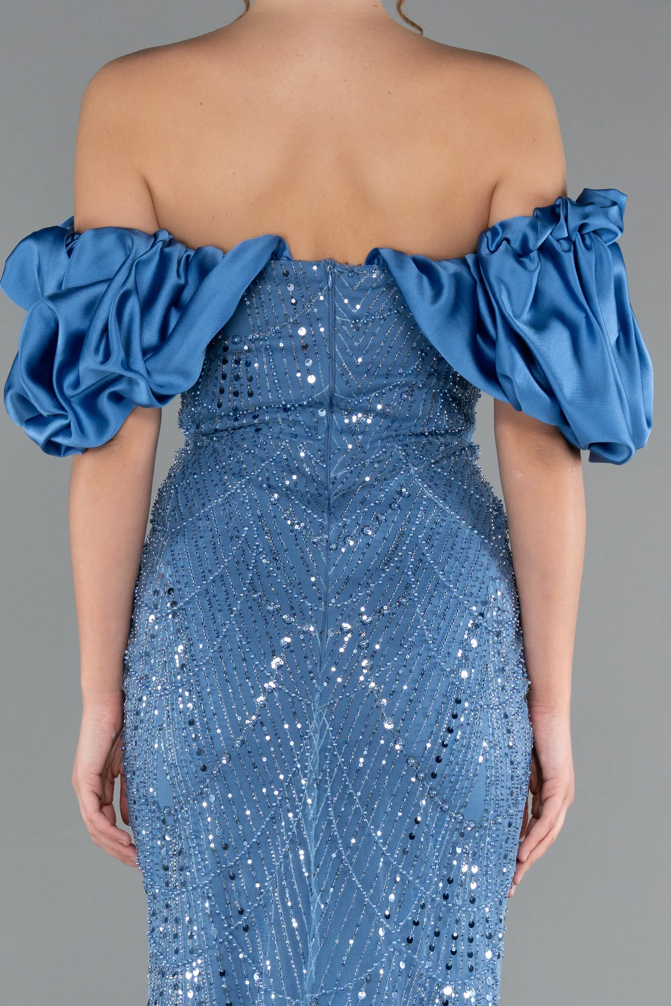 Blue-Stoned Strapless Sleeve Accessories Long Mermaid Evening Gown ABU4509