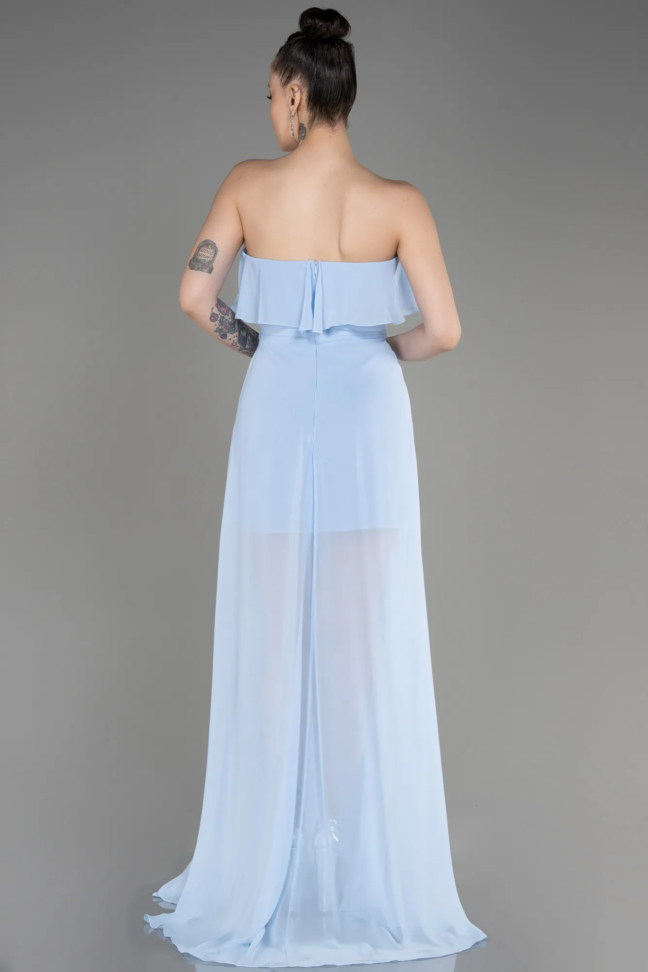 Blue-Strapless Long Chiffon Prom Dress ABU3838