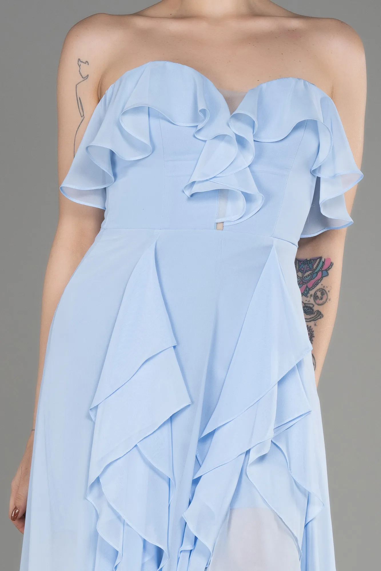 Blue-Strapless Long Chiffon Prom Dress ABU3838