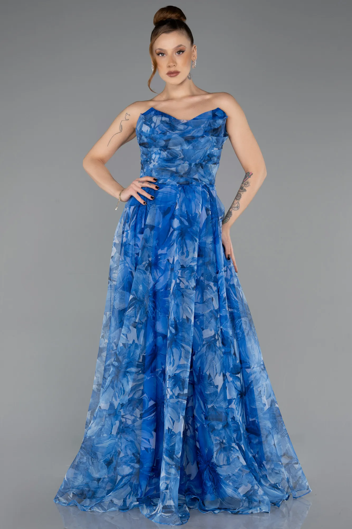 Blue-Strapless Patterned Long Chiffon Prom Dress ABU4064