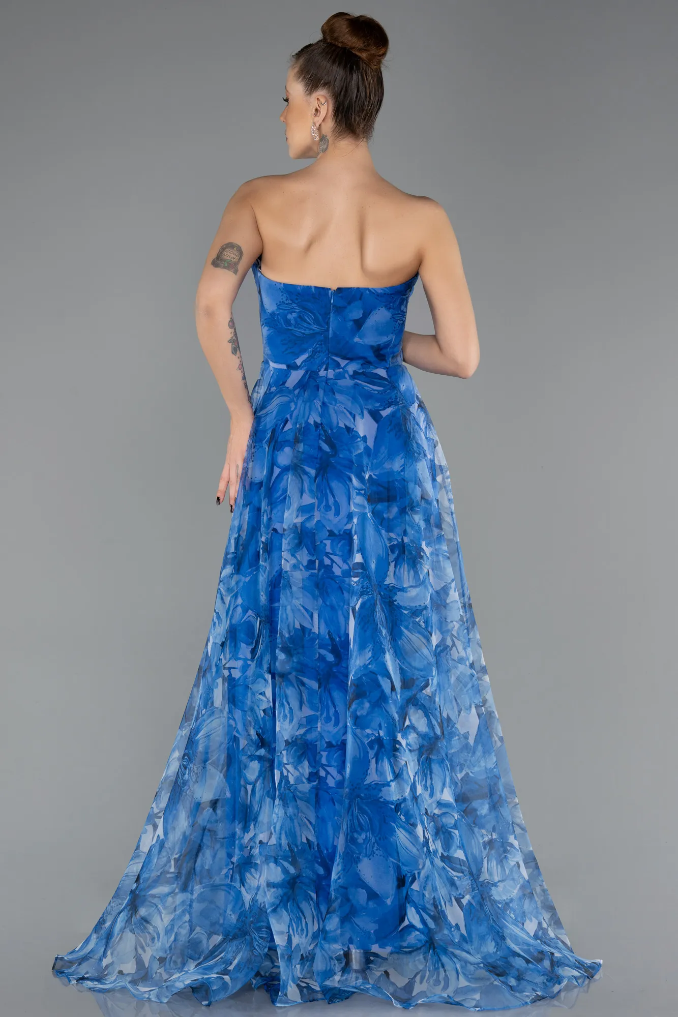 Blue-Strapless Patterned Long Chiffon Prom Dress ABU4064