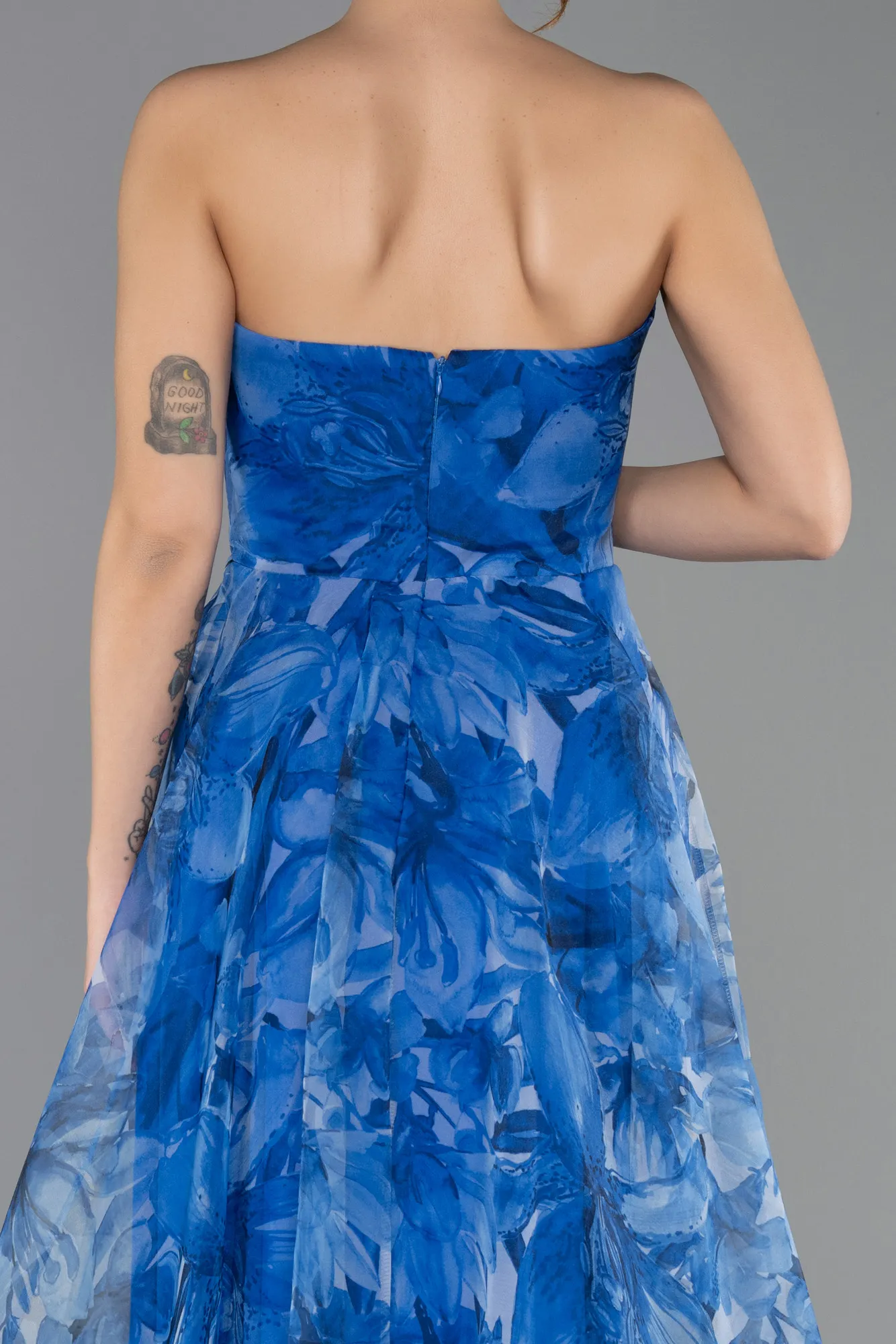 Blue-Strapless Patterned Long Chiffon Prom Dress ABU4064