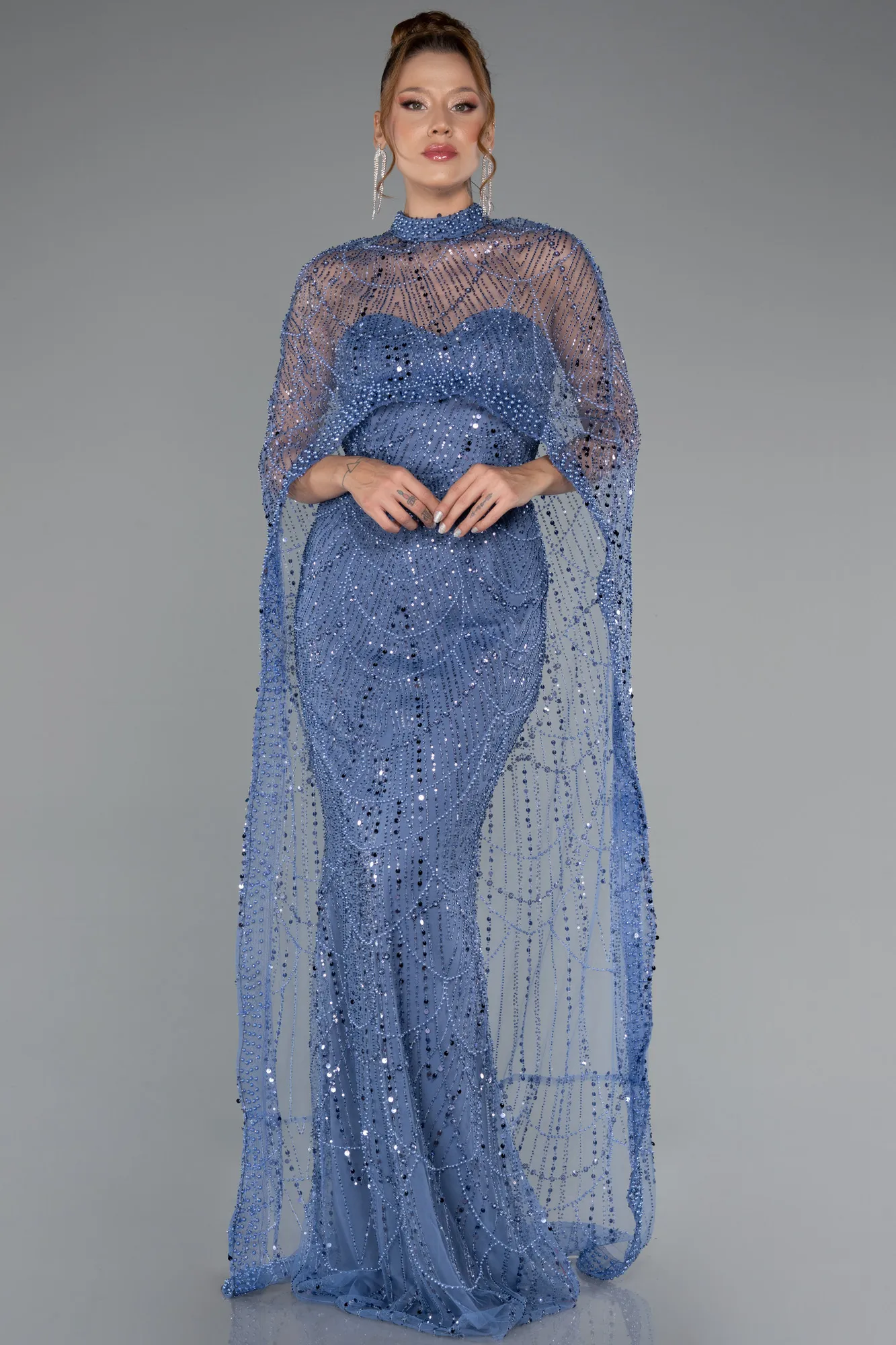 Blue-Strapless Shawl Stoned Long Evening Gown ABU4517