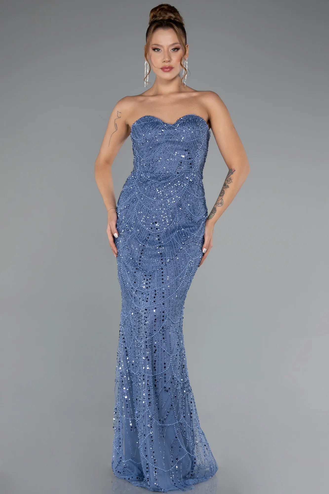 Blue-Strapless Shawl Stoned Long Evening Gown ABU4517