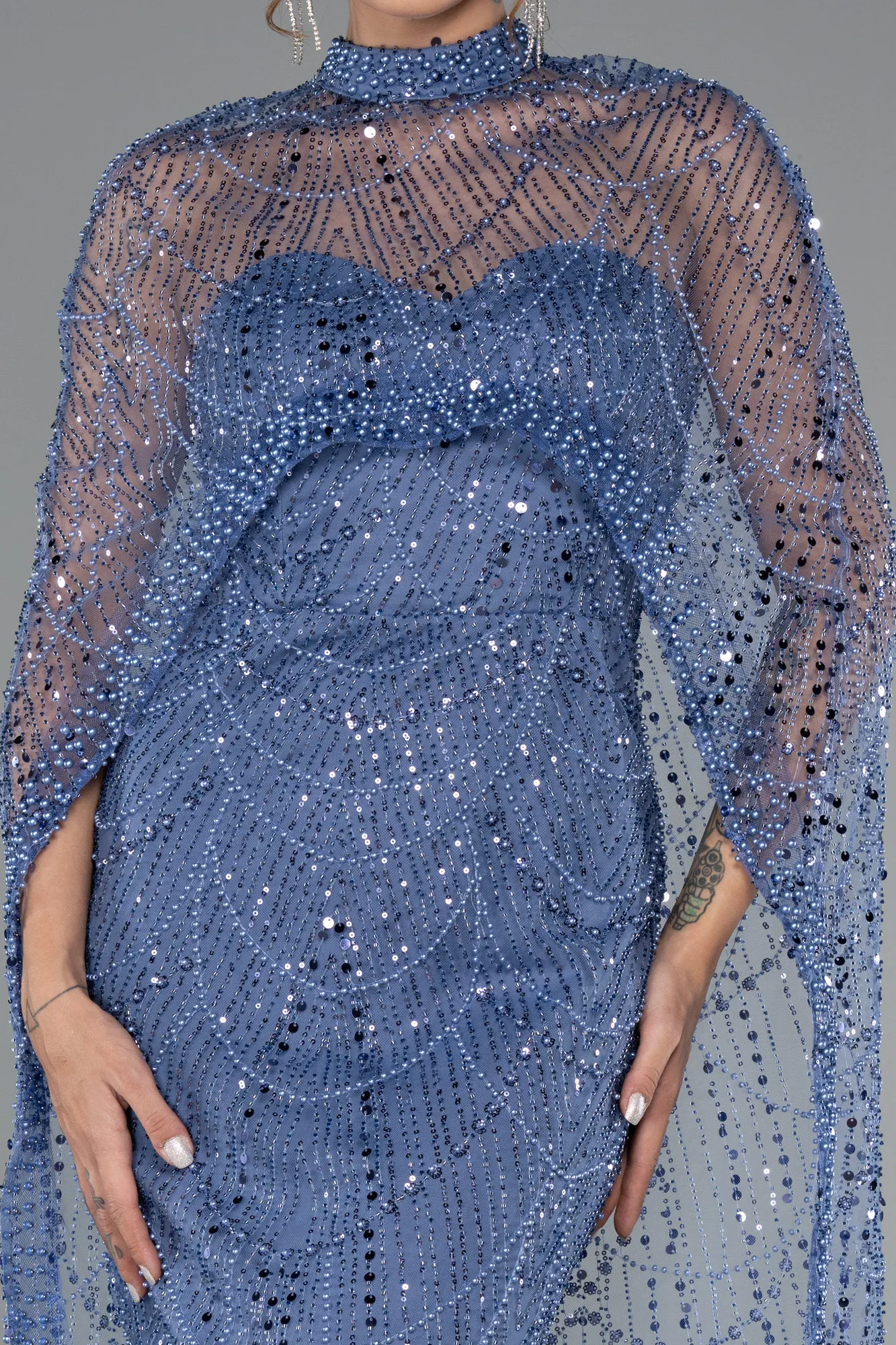 Blue-Strapless Shawl Stoned Long Evening Gown ABU4517