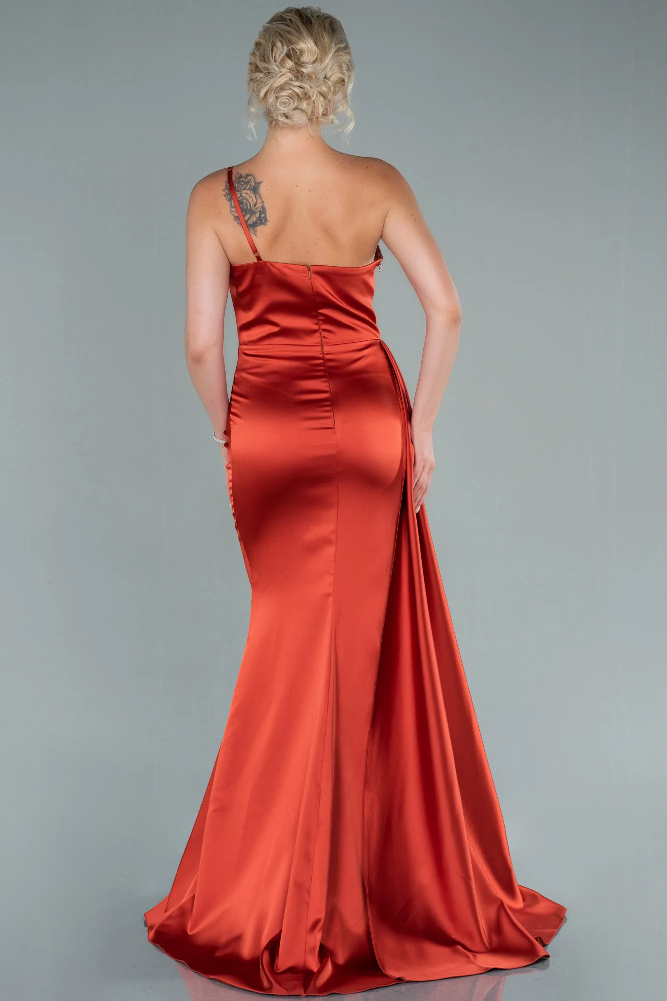 Brick Color-Long Satin Evening Dress ABU2386