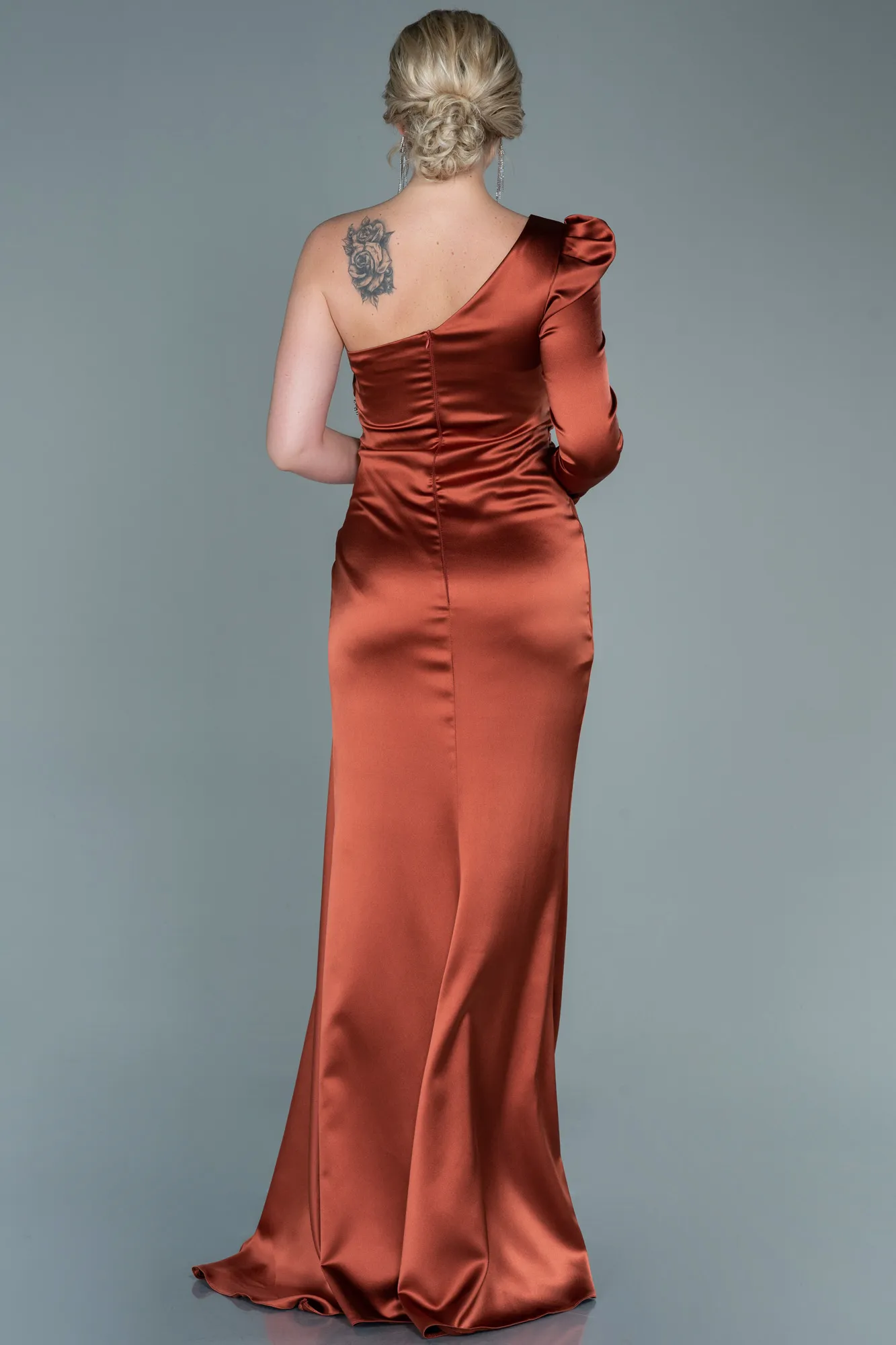 Brick Color-Long Satin Evening Dress ABU2676