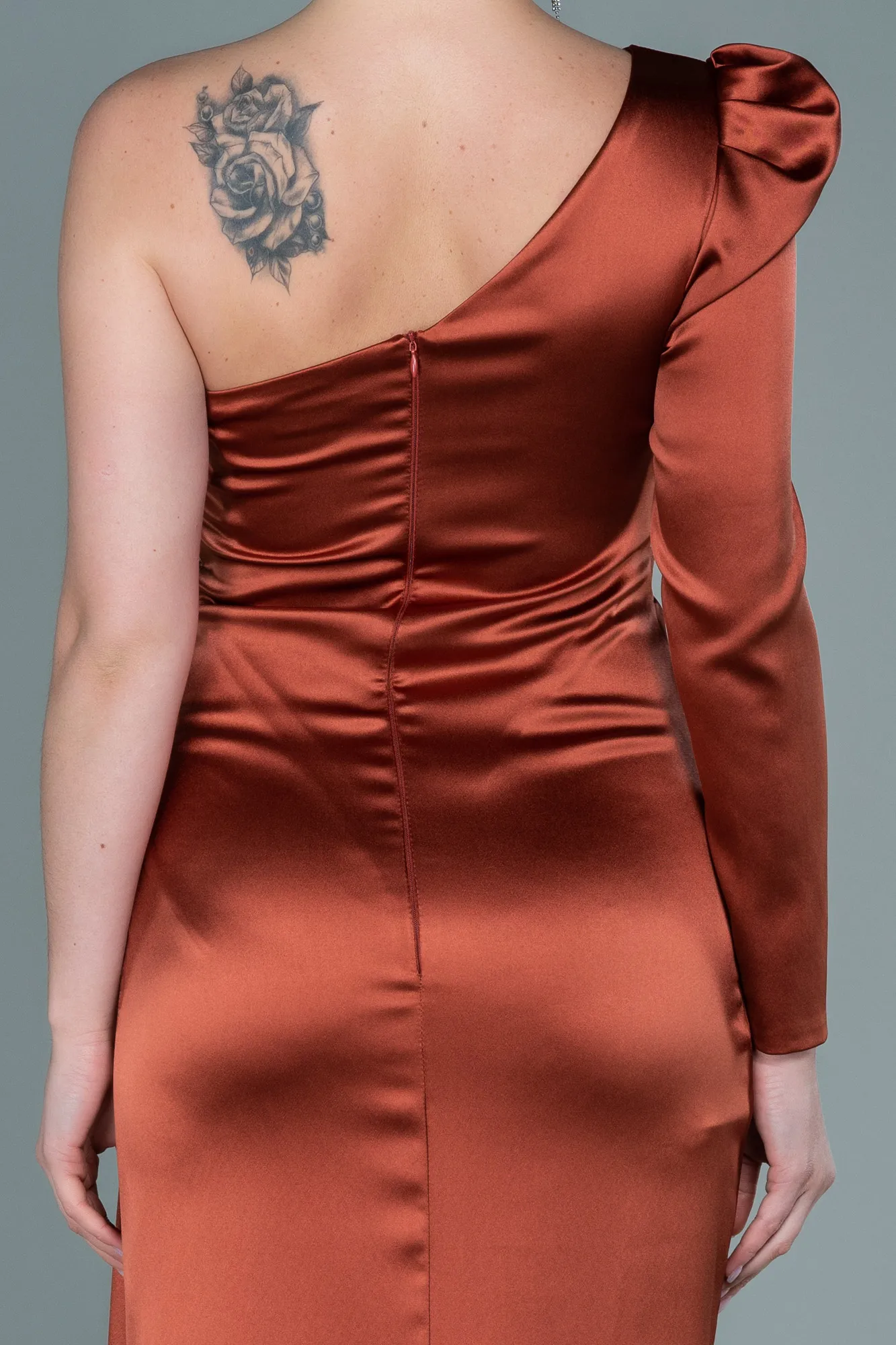 Brick Color-Long Satin Evening Dress ABU2676