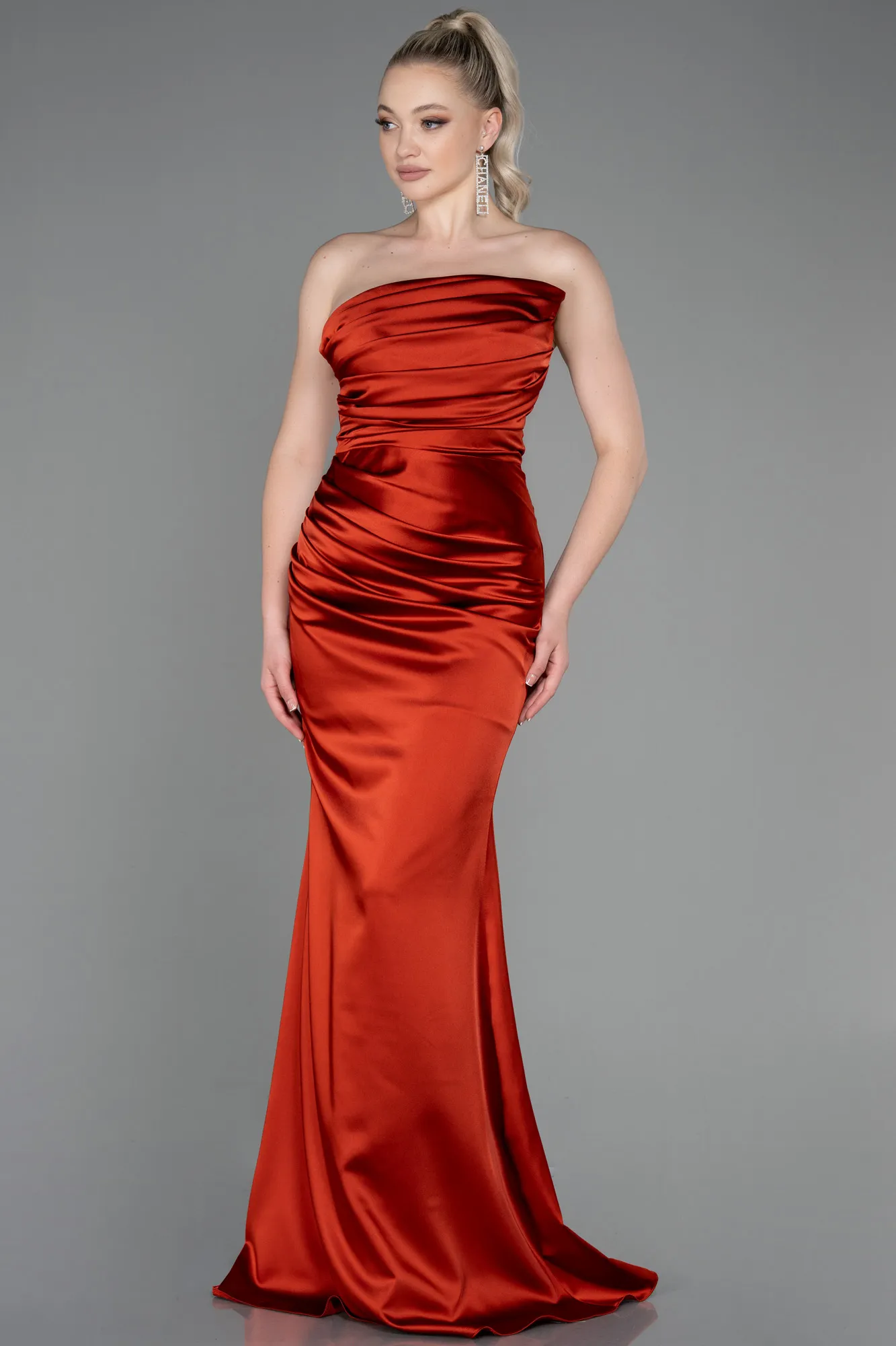 Brick Color-Long Satin Mermaid Evening Dress ABU3232