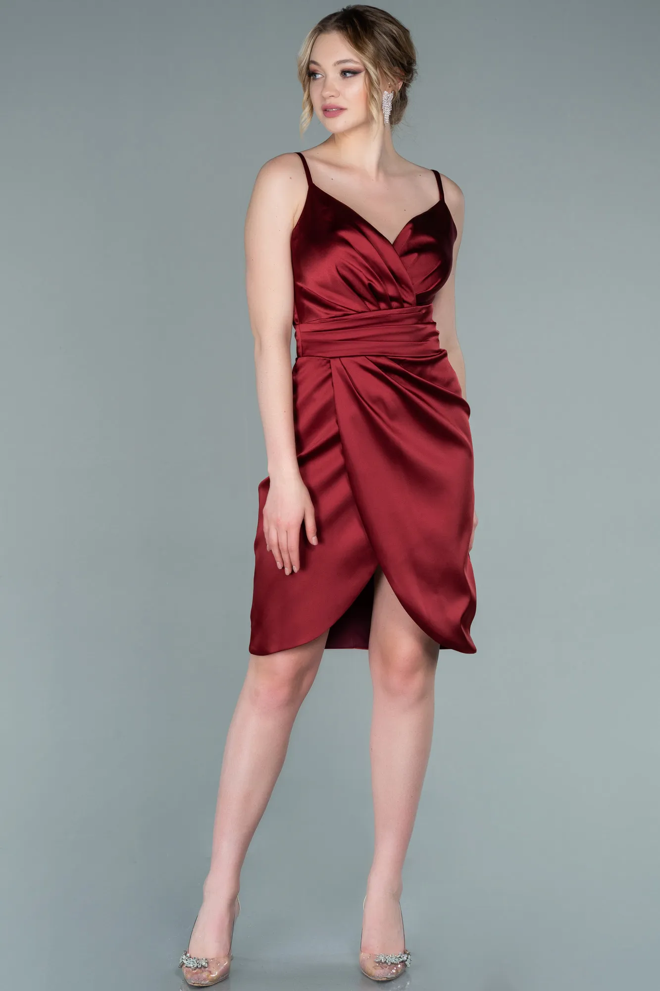 Brick Color-Short Satin Invitation Dress ABK1081