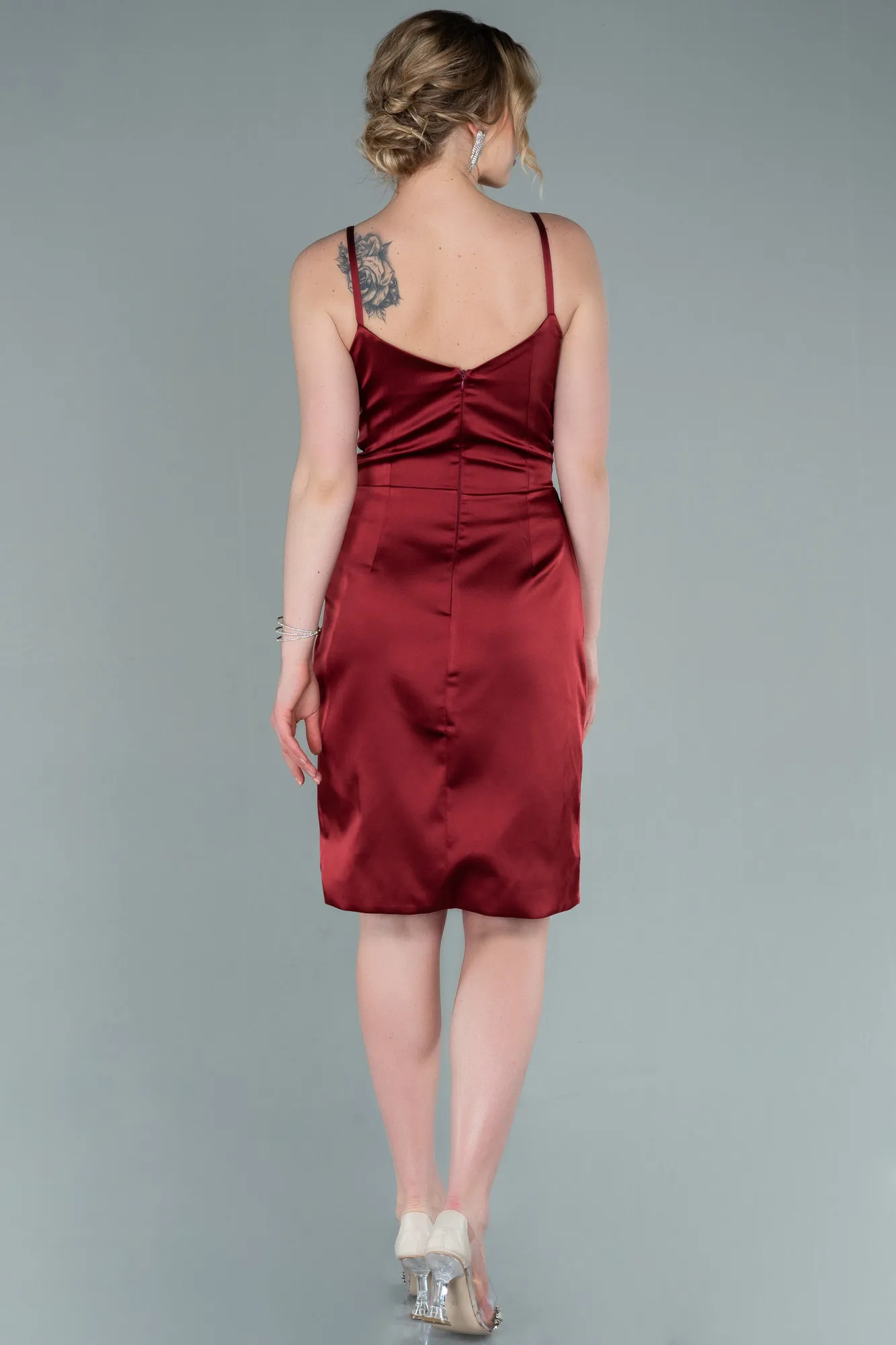 Brick Color-Short Satin Invitation Dress ABK1081