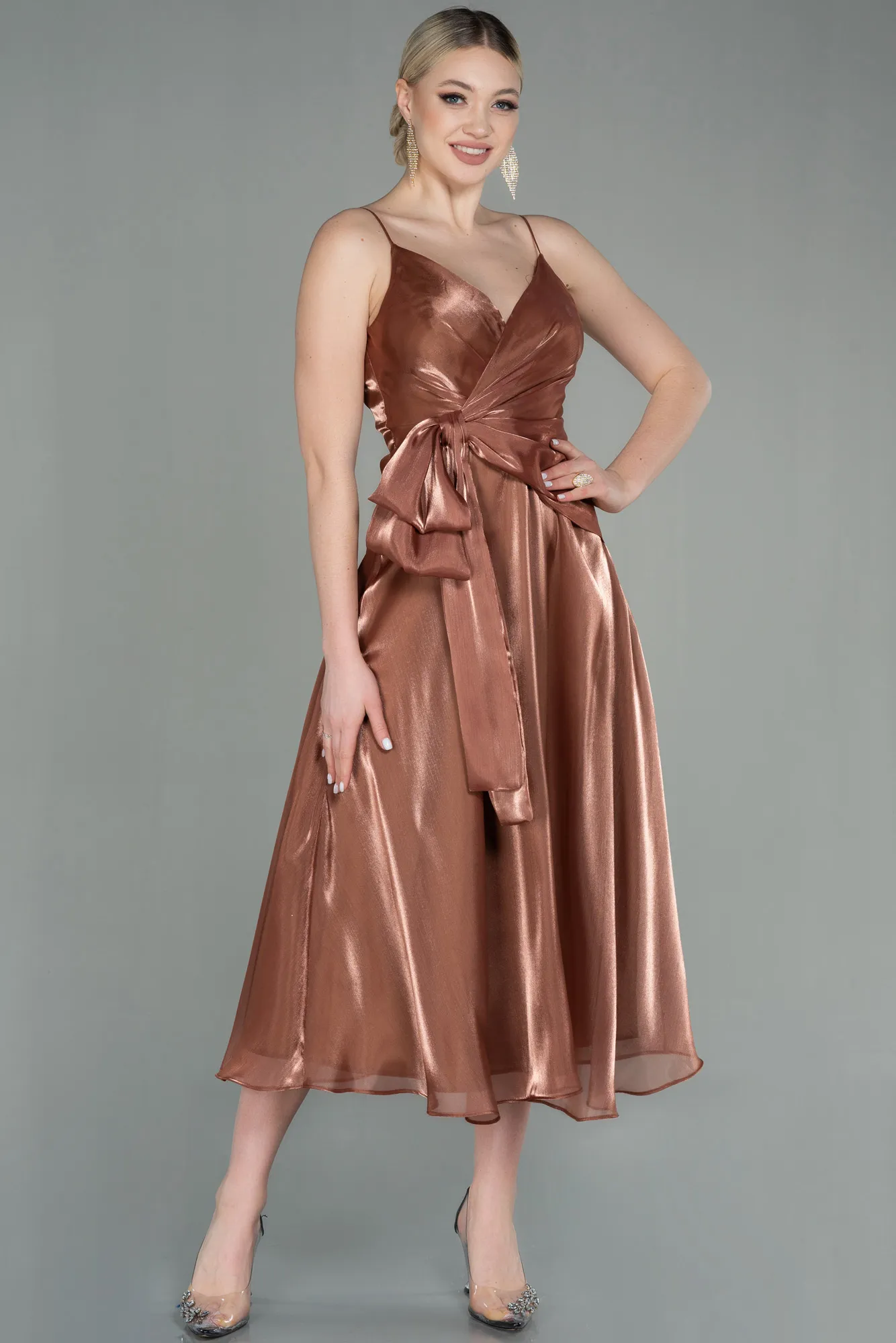Bronze-Midi Chiffon Invitation Dress ABK1669