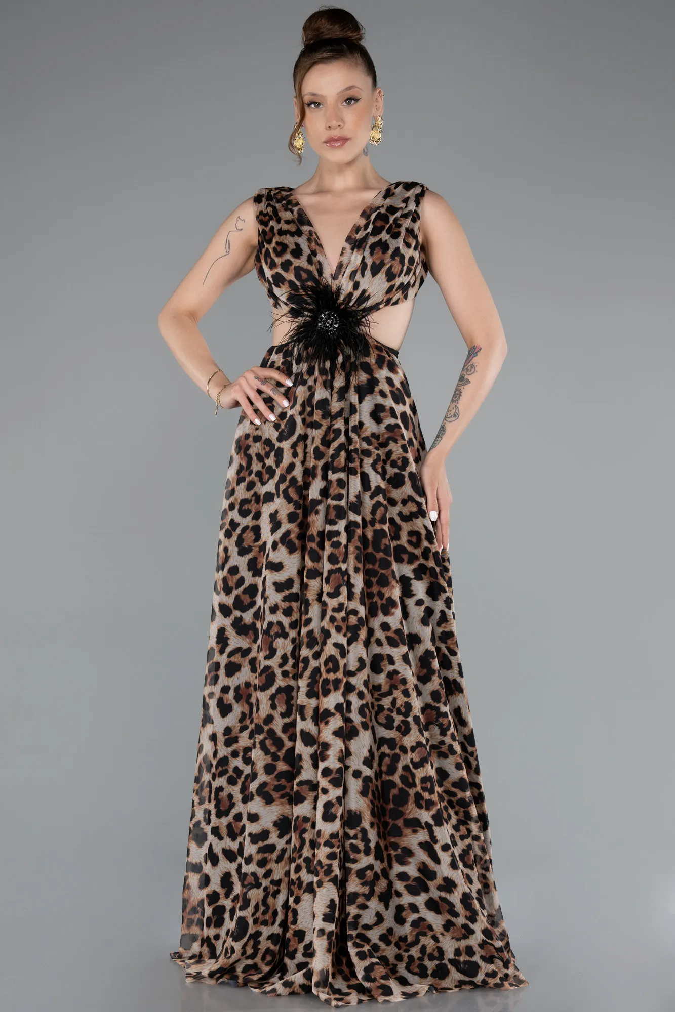 Brown-Backless Cut Out Long Print Prom Dress ABU5005