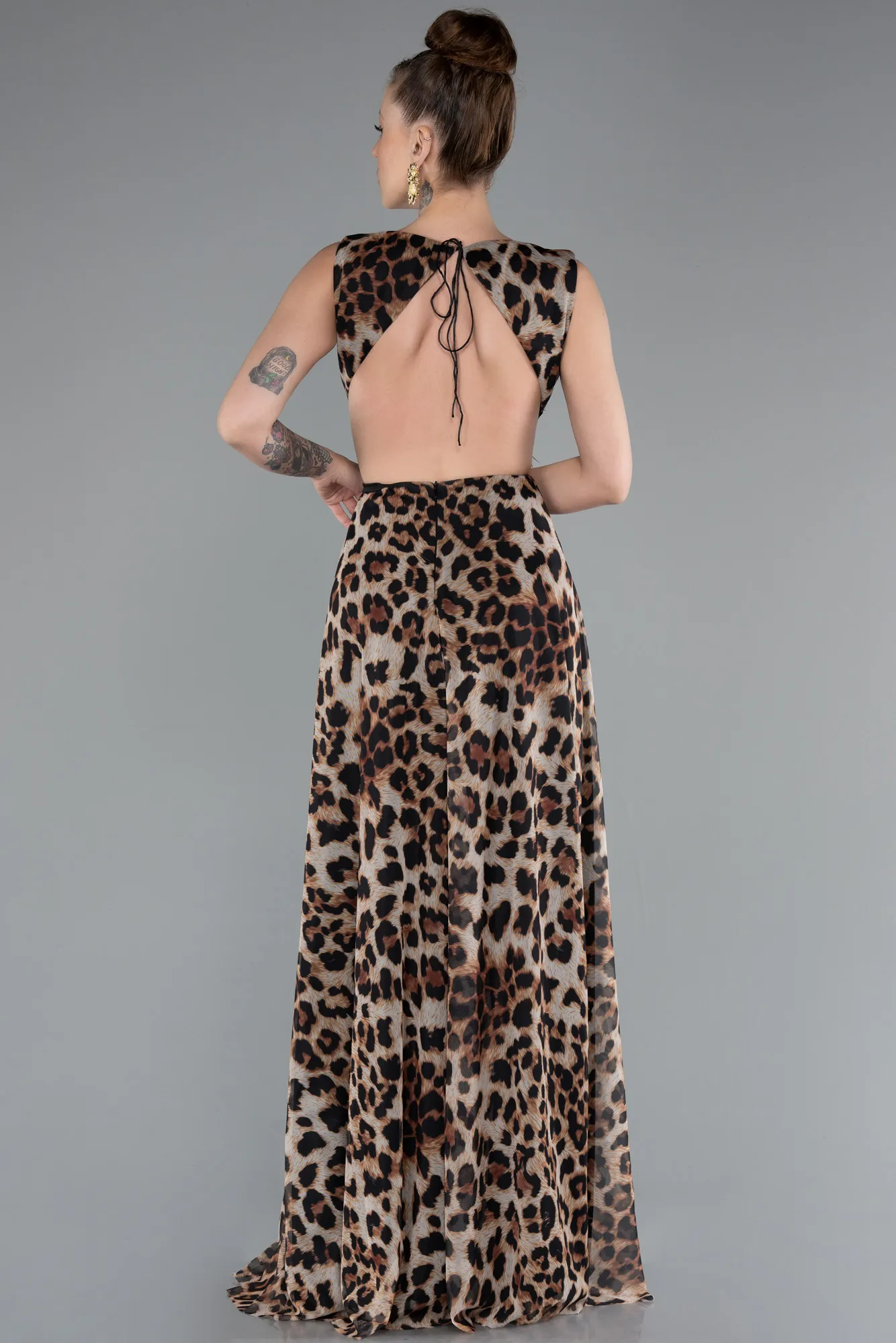 Brown-Backless Cut Out Long Print Prom Dress ABU5005