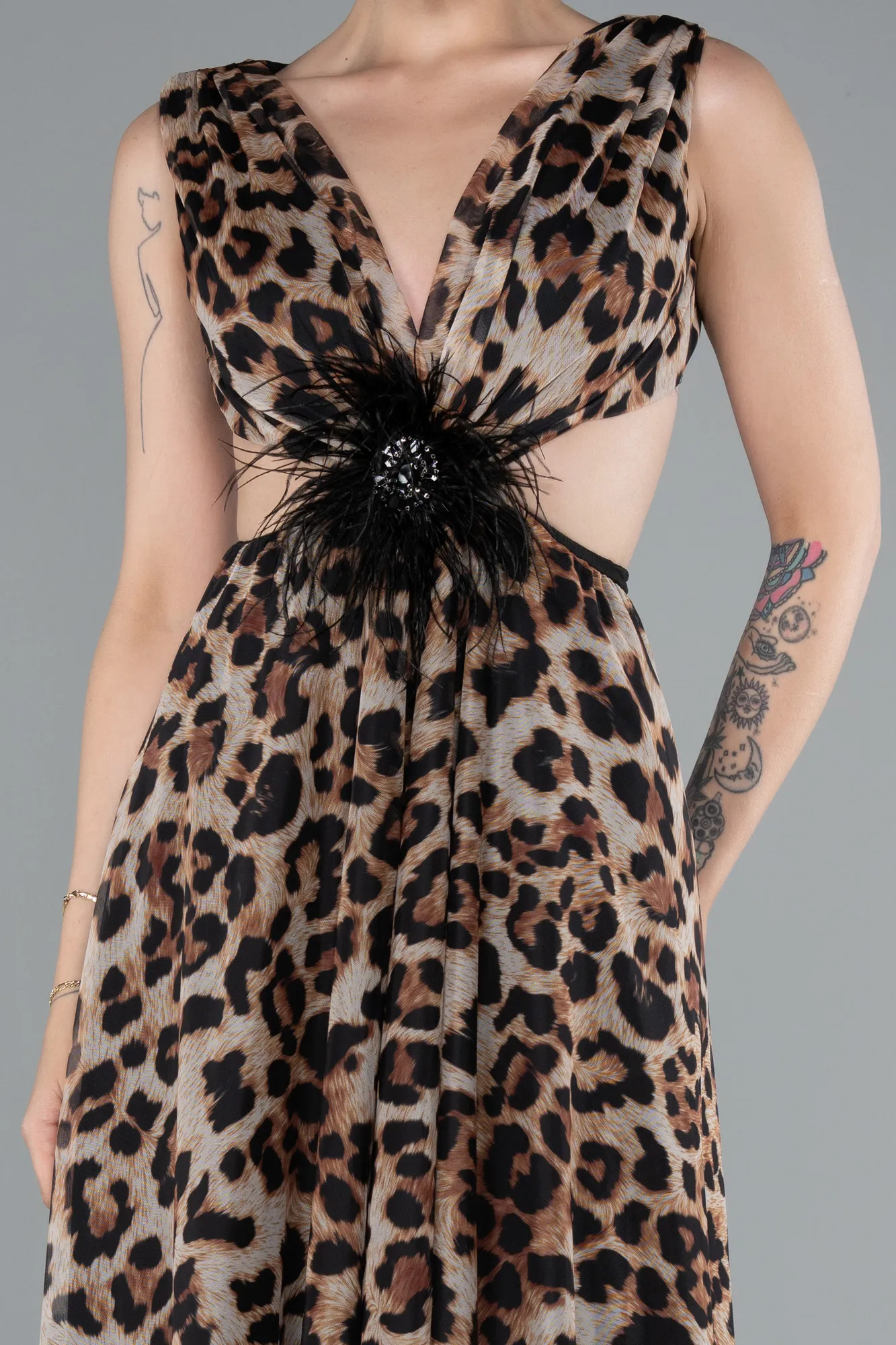 Brown-Backless Cut Out Long Print Prom Dress ABU5005