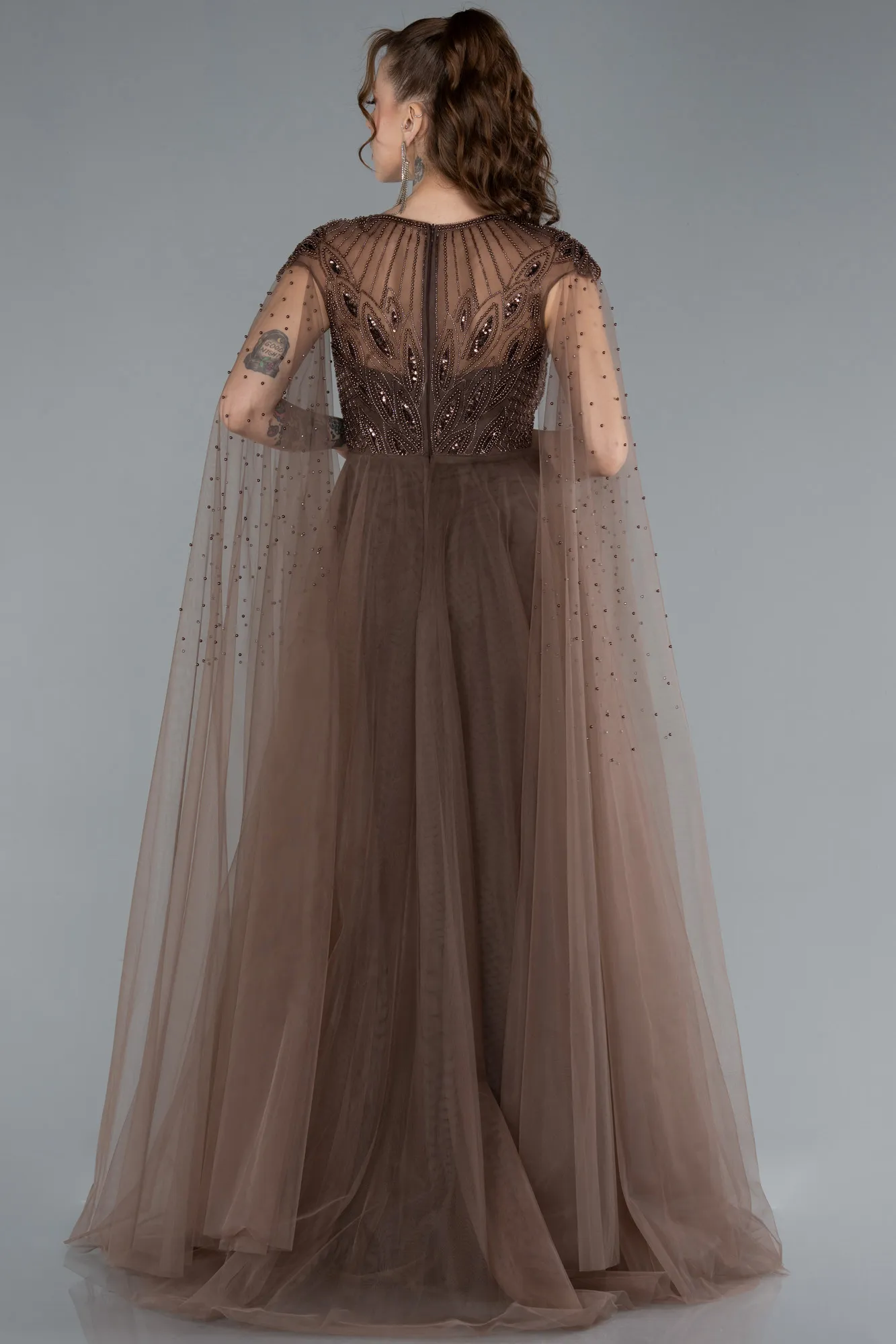Brown-Beaded Cape Long Haute Couture Dress ABU4707
