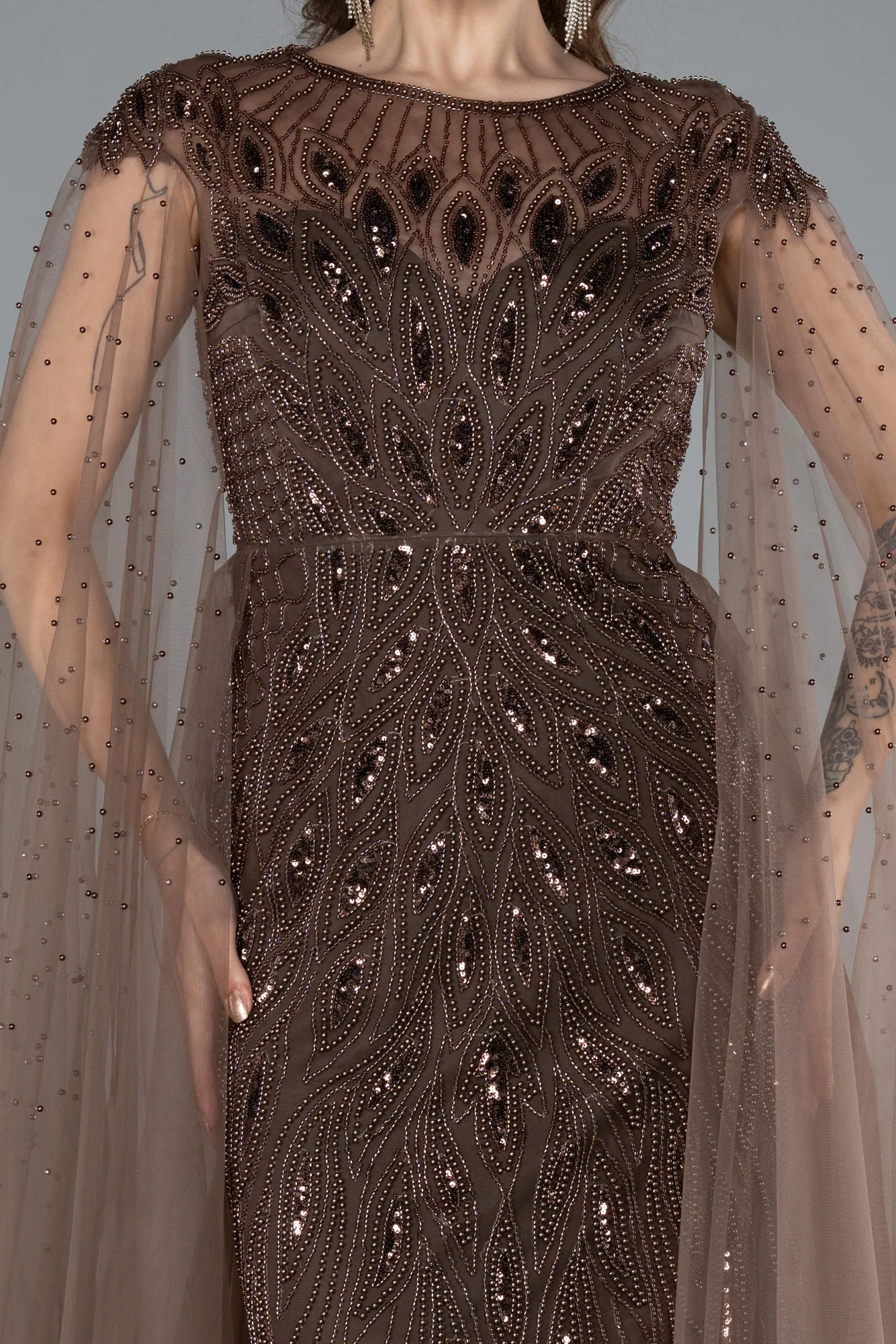 Brown-Beaded Cape Long Haute Couture Dress ABU4707