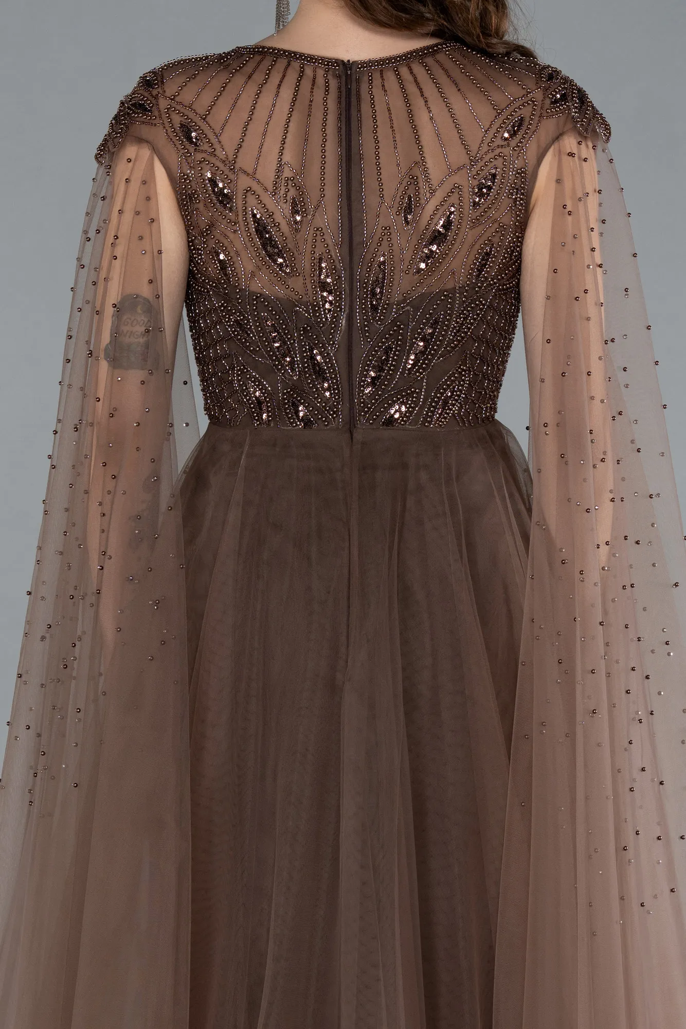 Brown-Beaded Cape Long Haute Couture Dress ABU4707