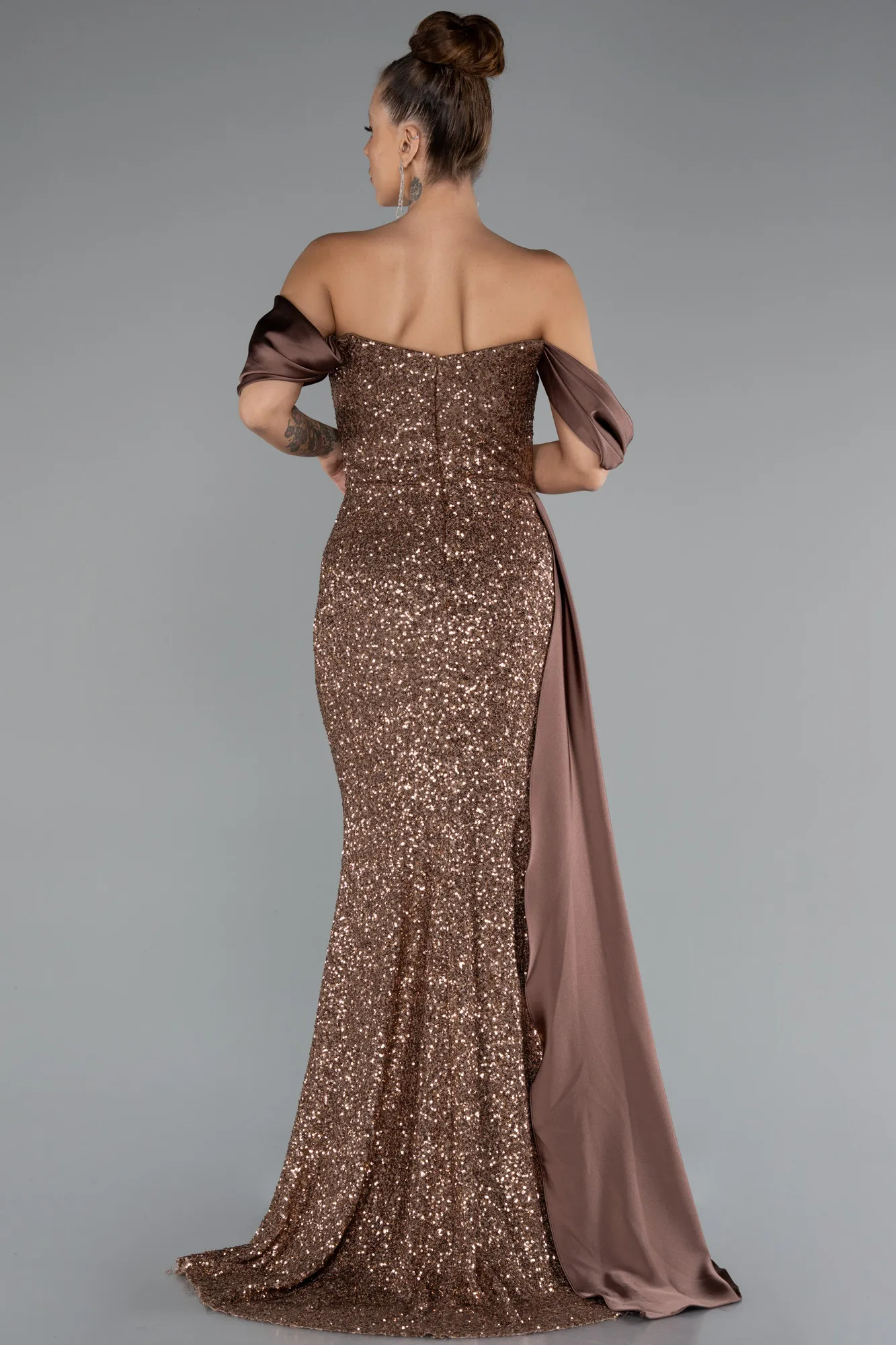 Brown-Boat Neck Slit Long Sequined Evening Gown ABU4085