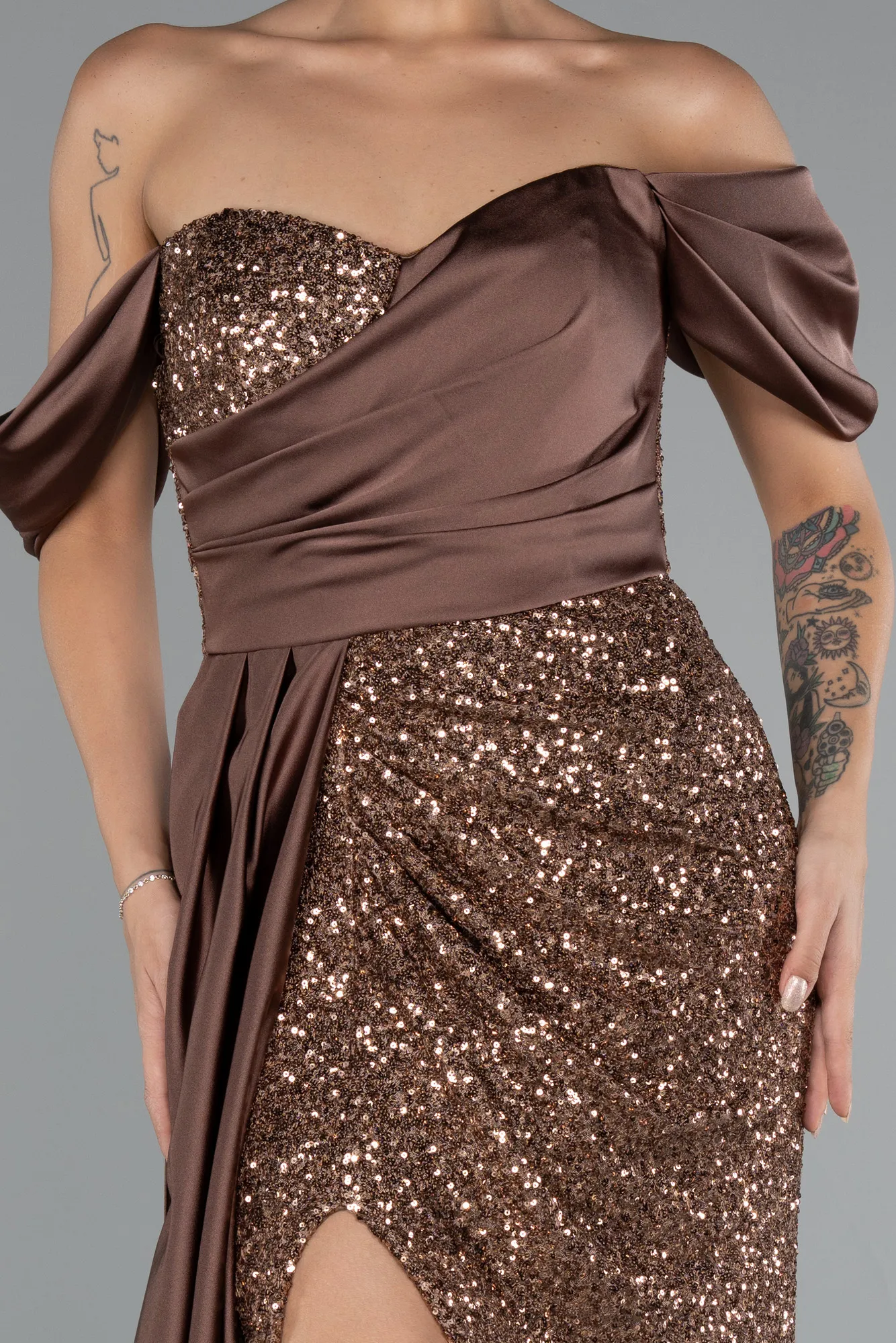 Brown-Boat Neck Slit Long Sequined Evening Gown ABU4085