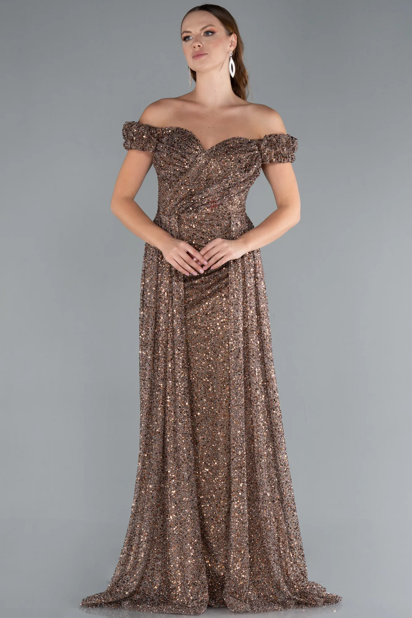 Brown-Boat Neck Tail Long Stone Evening Gown ABU4224