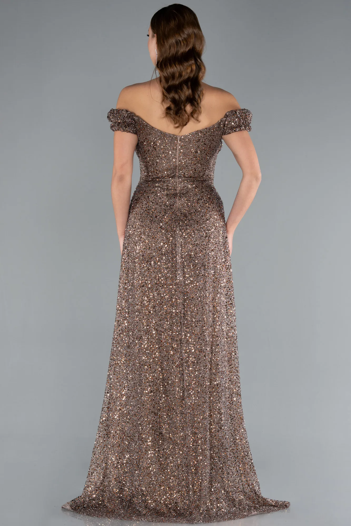 Brown-Boat Neck Tail Long Stone Evening Gown ABU4224