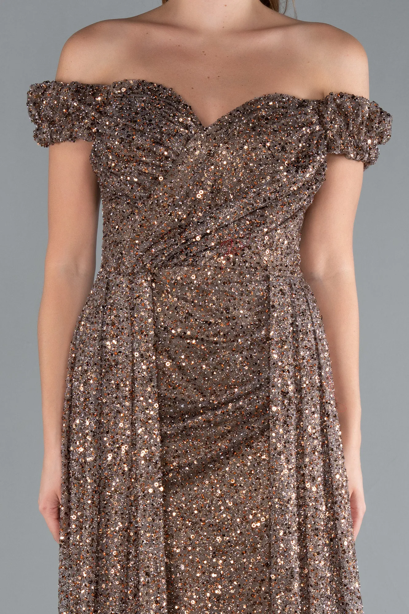 Brown-Boat Neck Tail Long Stone Evening Gown ABU4224