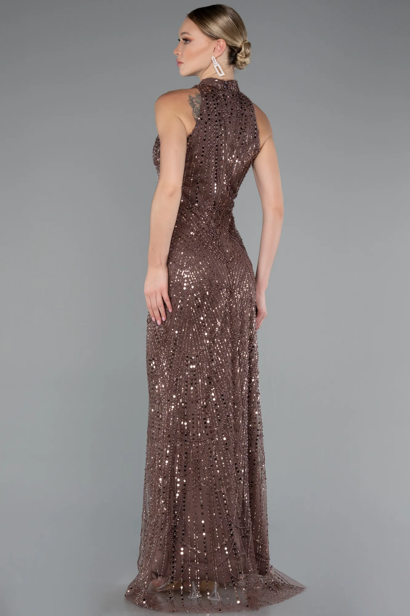 Brown-Halter Neck Long Beaded Mermaid Evening Gown ABU4791
