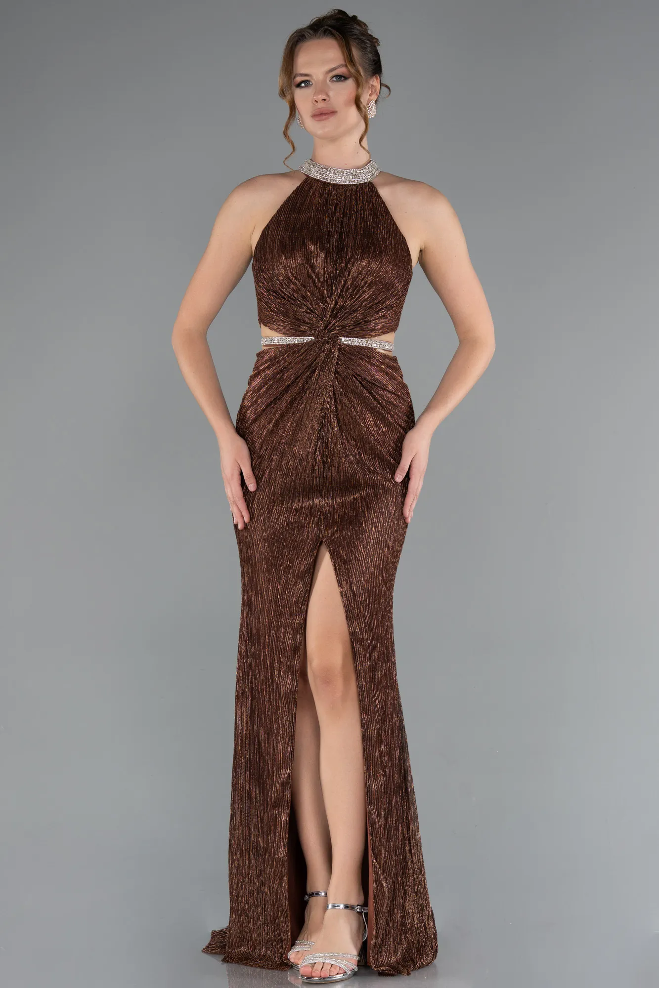 Brown-Halter Neck Slit Long Evening Gown ABU4324
