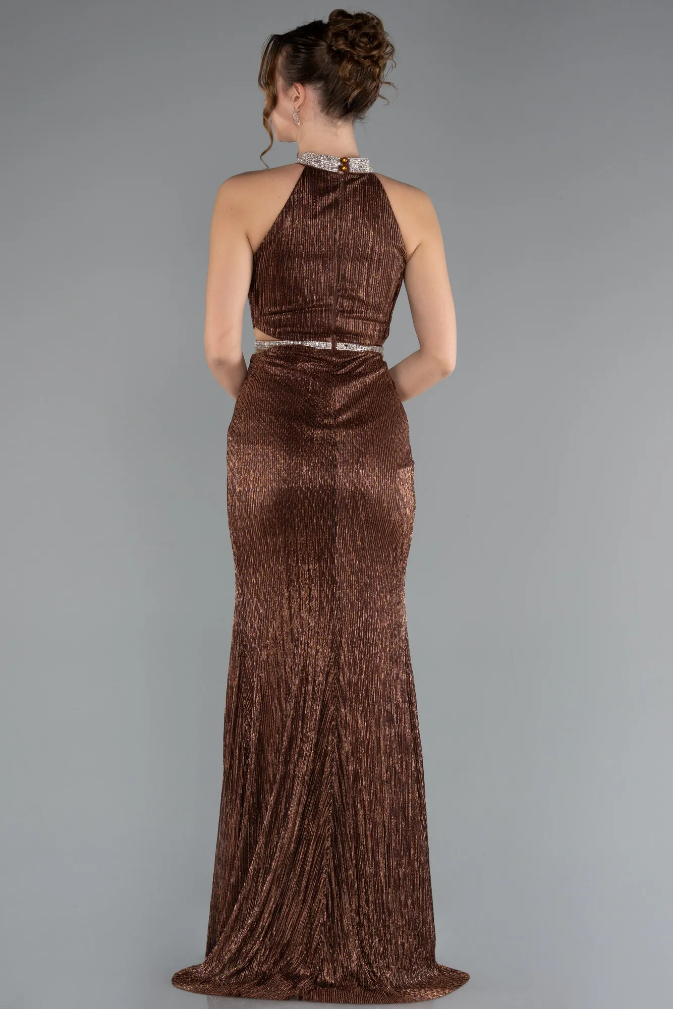 Brown-Halter Neck Slit Long Evening Gown ABU4324