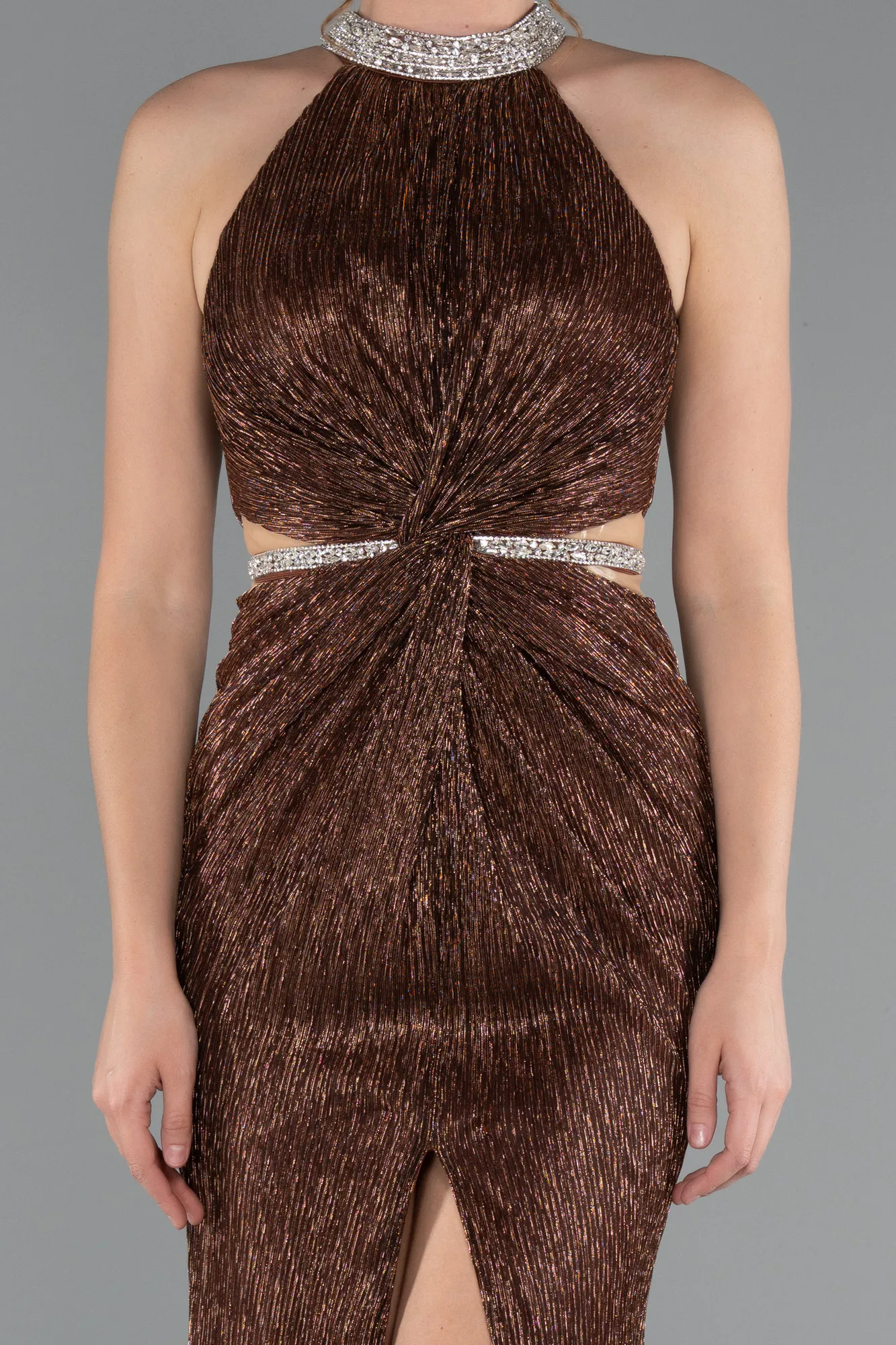 Brown-Halter Neck Slit Long Evening Gown ABU4324