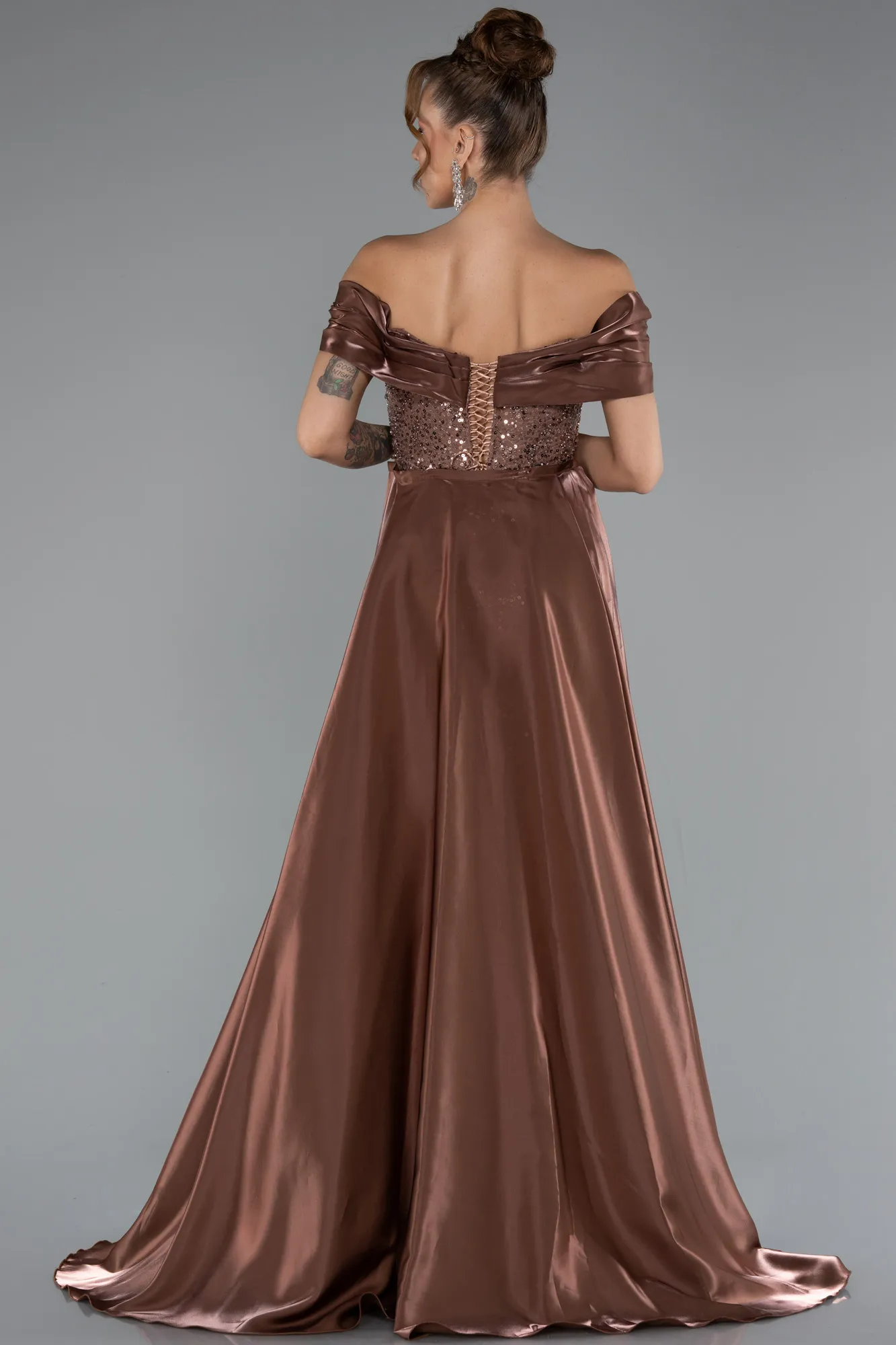 Brown-Long Beaded Evening Dress ABU5099