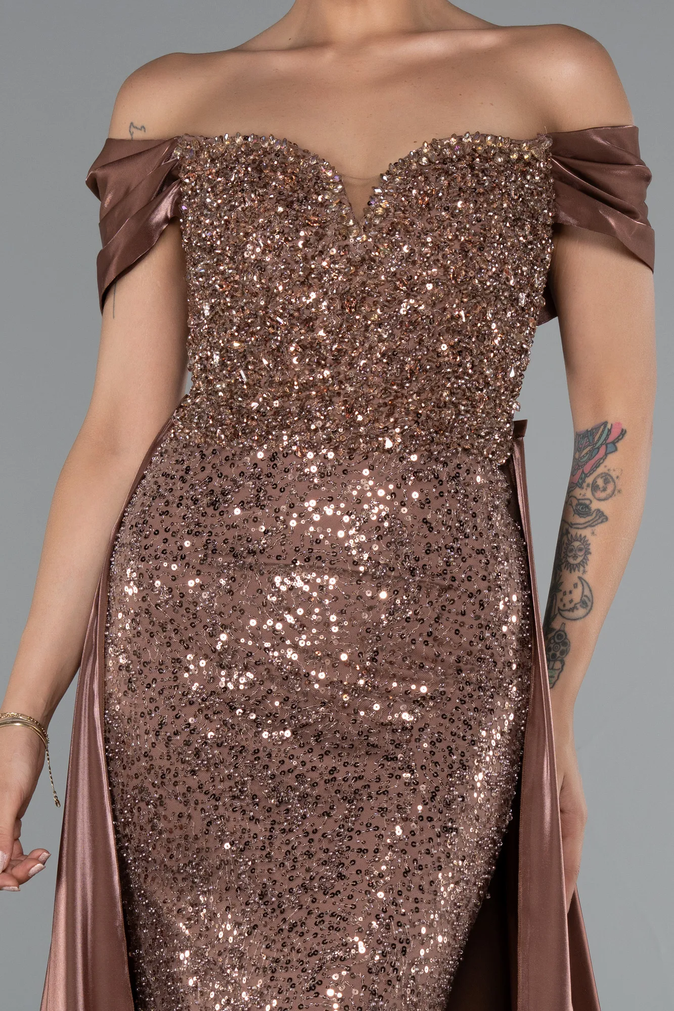 Brown-Long Beaded Evening Dress ABU5099